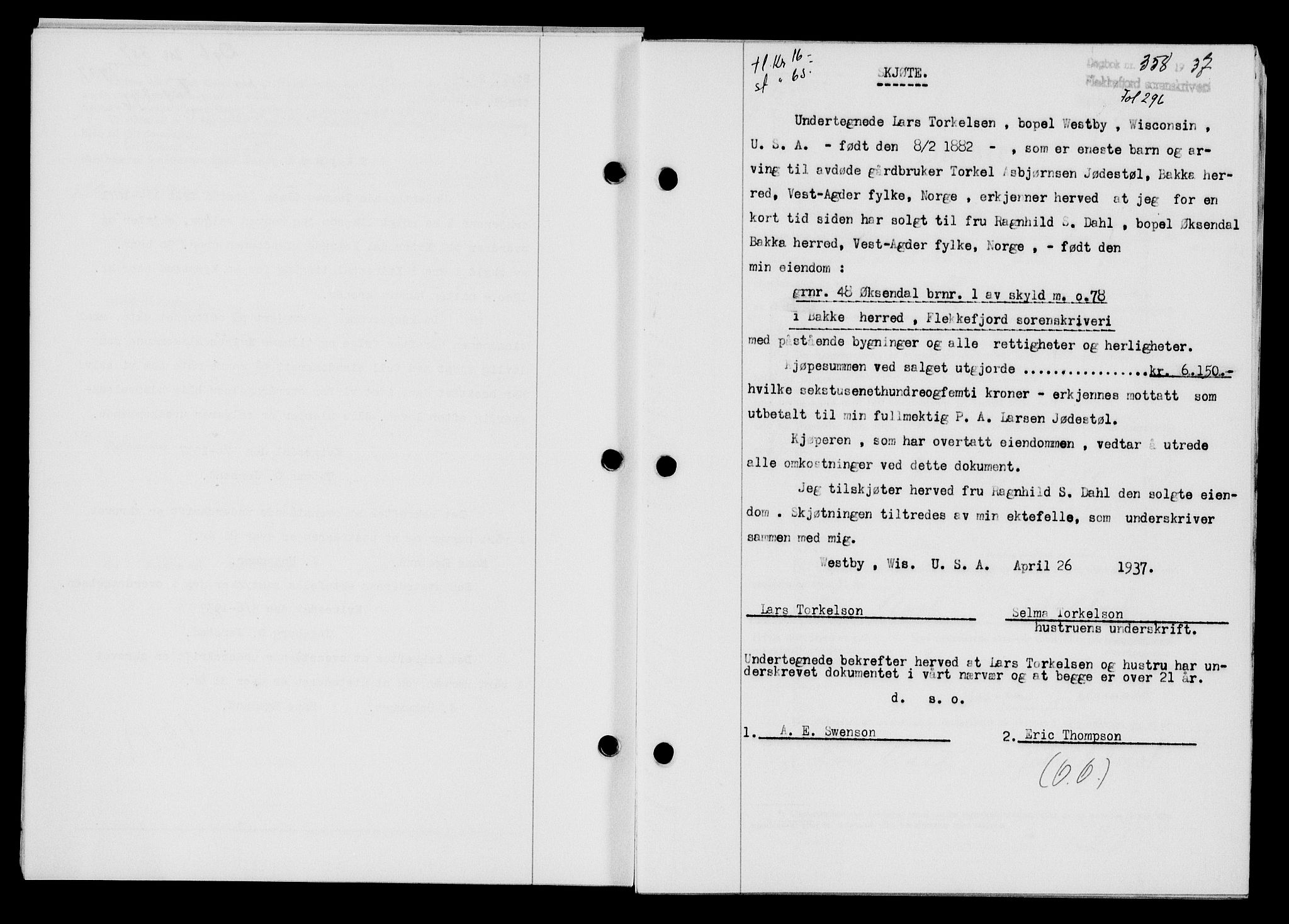 Flekkefjord sorenskriveri, SAK/1221-0001/G/Gb/Gba/L0053: Mortgage book no. A-1, 1936-1937, Diary no: : 358/1937