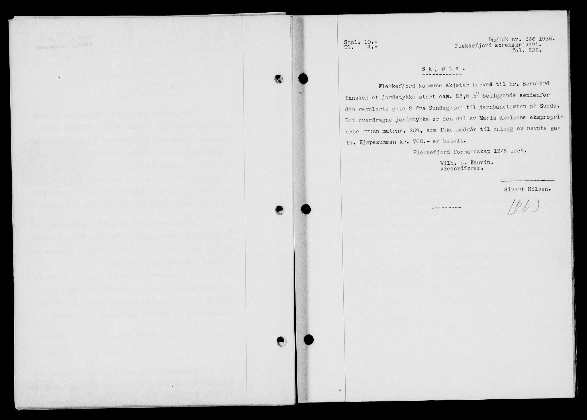 Flekkefjord sorenskriveri, SAK/1221-0001/G/Gb/Gba/L0053: Mortgage book no. A-1, 1936-1937, Diary no: : 366/1936