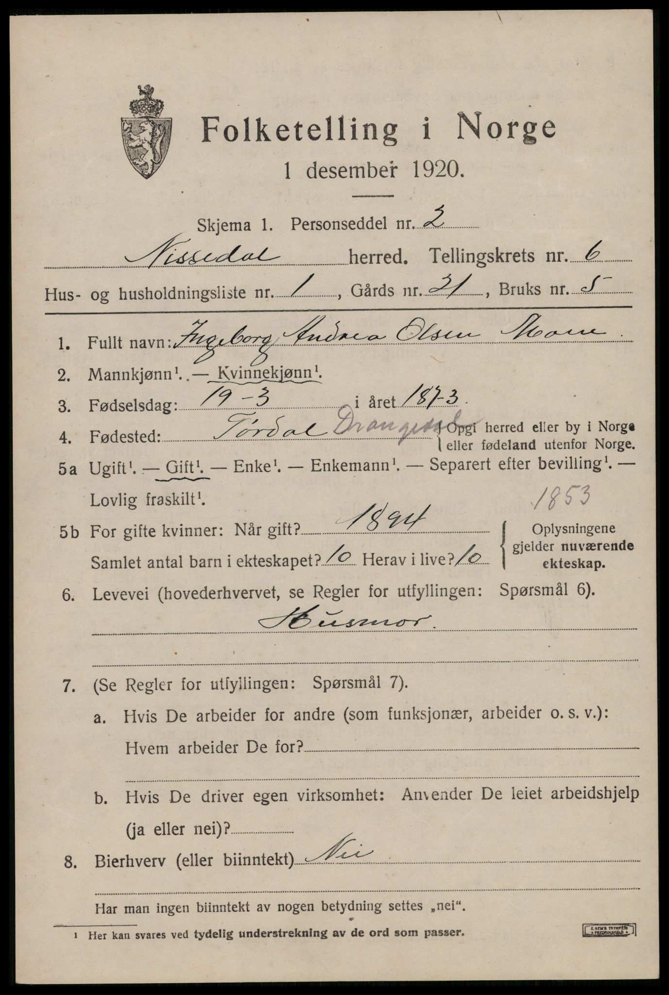 SAKO, 1920 census for Nissedal, 1920, p. 2273