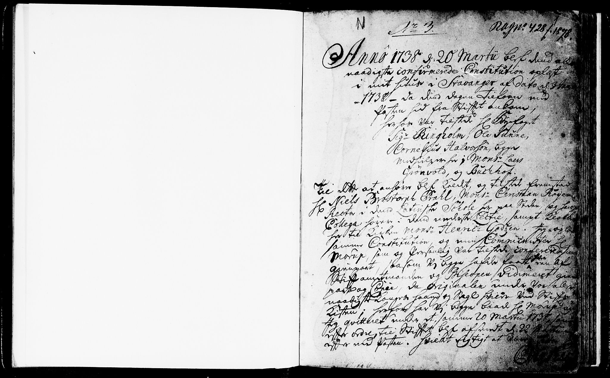 Domkirken sokneprestkontor, SAST/A-101812/001/30/30BA/L0003: Parish register (official) no. A 3 /1, 1738-1760, p. 1
