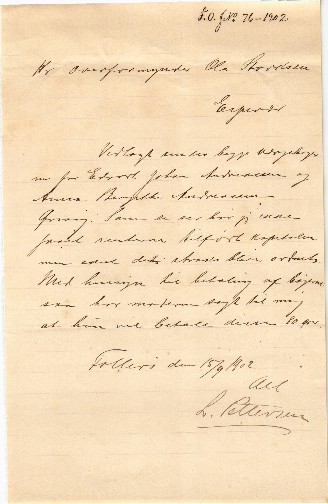 Finnaas kommune. Overformynderiet, IKAH/1218a-812/D/Da/Daa/L0002/0002: Kronologisk ordna korrespondanse / Kronologisk ordna korrespondanse, 1901-1904, p. 84