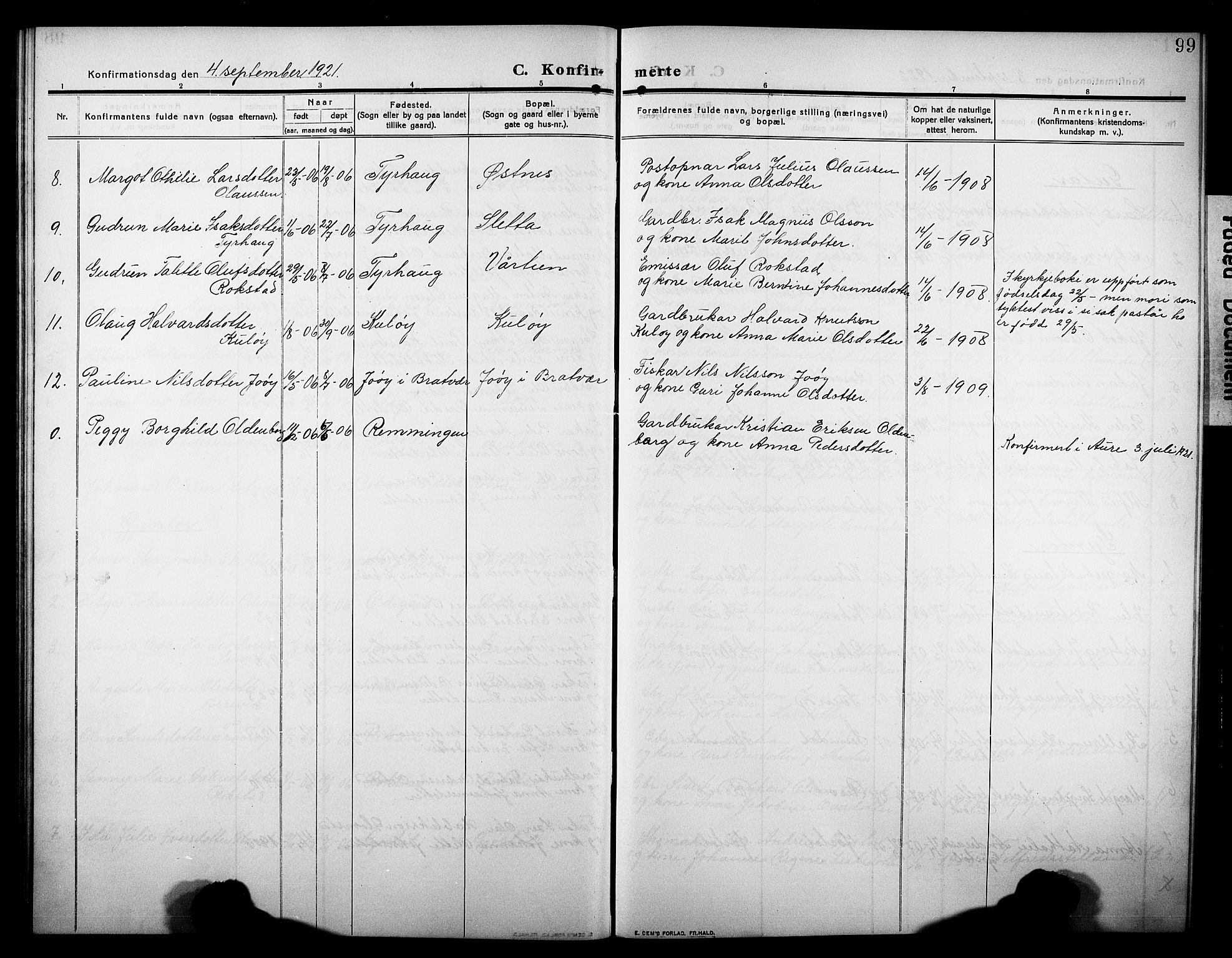 Ministerialprotokoller, klokkerbøker og fødselsregistre - Møre og Romsdal, AV/SAT-A-1454/581/L0943: Parish register (copy) no. 581C01, 1909-1931, p. 99