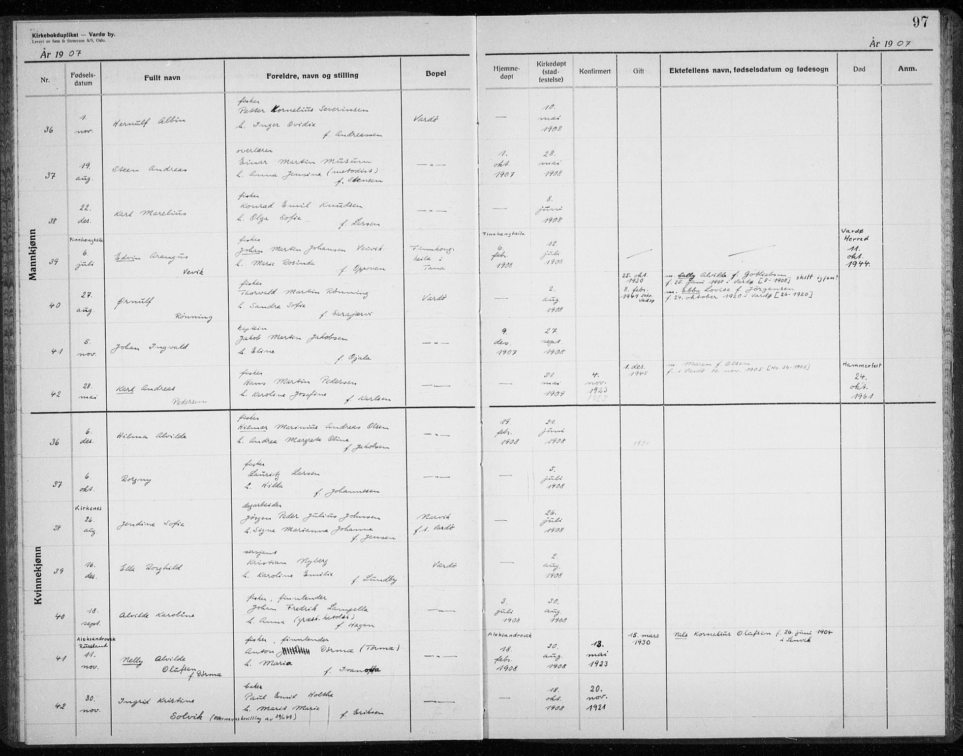 Vardø sokneprestkontor, AV/SATØ-S-1332/H/Hc/L0001kirkerekon: Other parish register no. 1, 1900-1914, p. 97