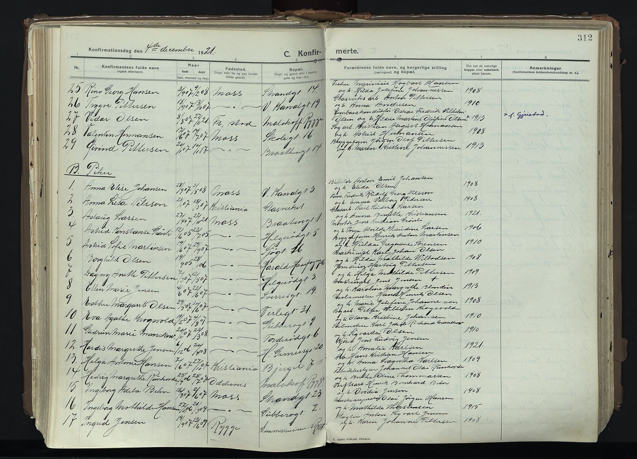 Moss prestekontor Kirkebøker, AV/SAO-A-2003/F/Fb/L0005: Parish register (official) no. II 5, 1913-1923, p. 312