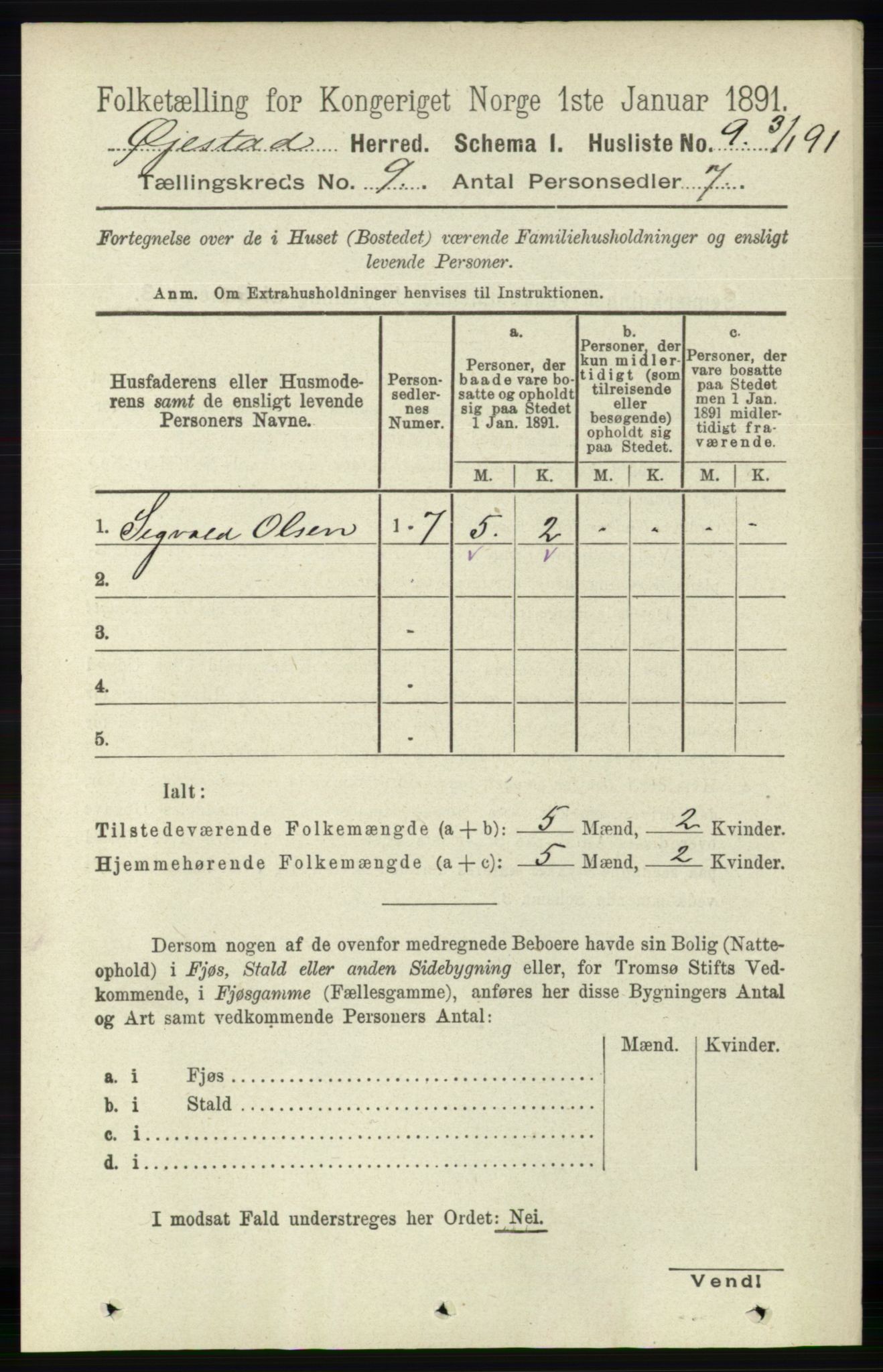 RA, 1891 census for 0920 Øyestad, 1891, p. 3480