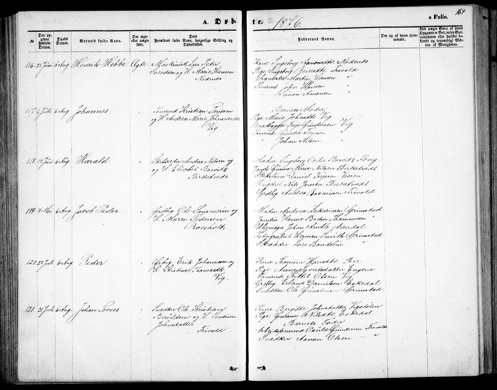 Fjære sokneprestkontor, SAK/1111-0011/F/Fb/L0010: Parish register (copy) no. B 10, 1871-1880, p. 164