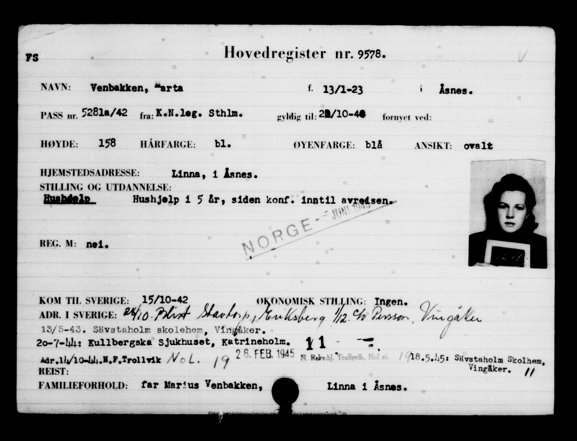 Utenriksstasjonene, Legasjonen i Stockholm, Flyktningkontoret, AV/RA-S-6753/V/Va/L0006: Kjesäterkartoteket, flyktninger med registreringsnr. 9400-12711, 1940-1945, p. 197