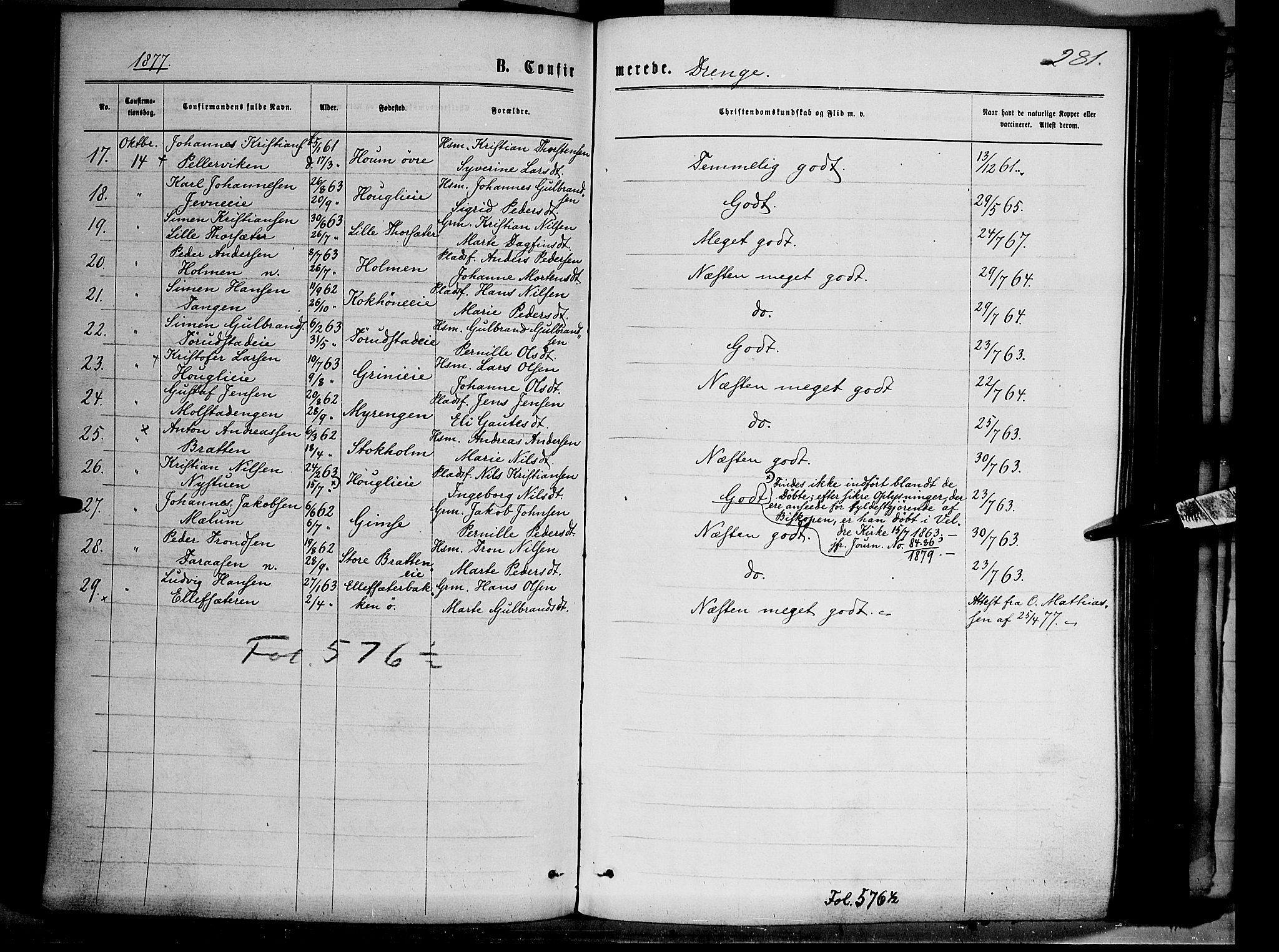 Ringsaker prestekontor, AV/SAH-PREST-014/K/Ka/L0011: Parish register (official) no. 11, 1870-1878, p. 281