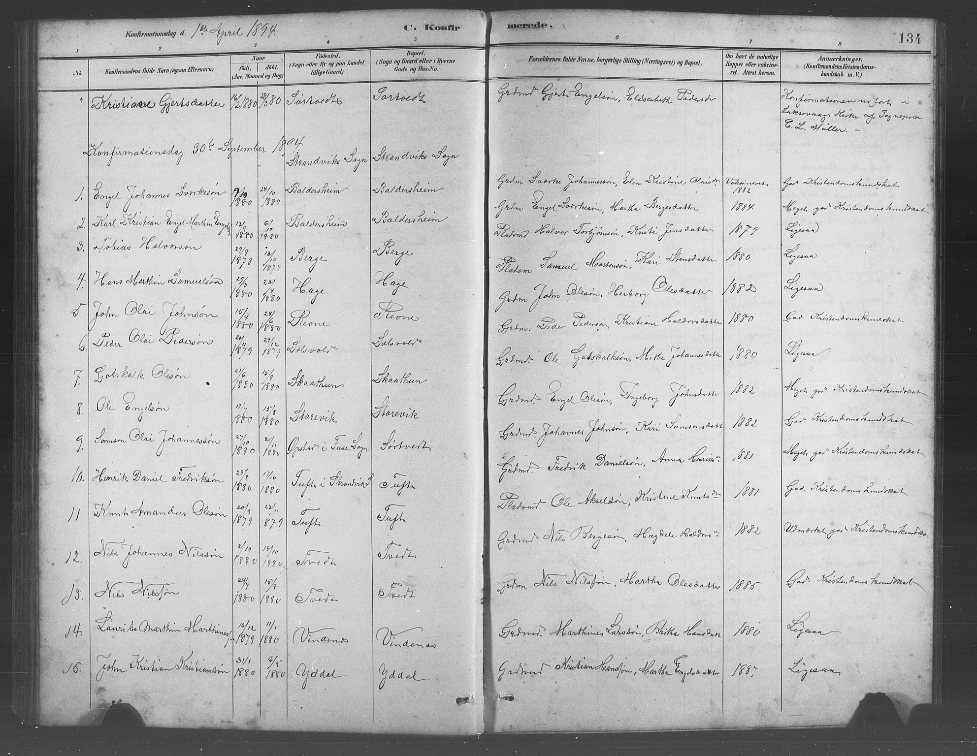 Fusa sokneprestembete, SAB/A-75401/H/Hab: Parish register (copy) no. C 2, 1886-1926, p. 134