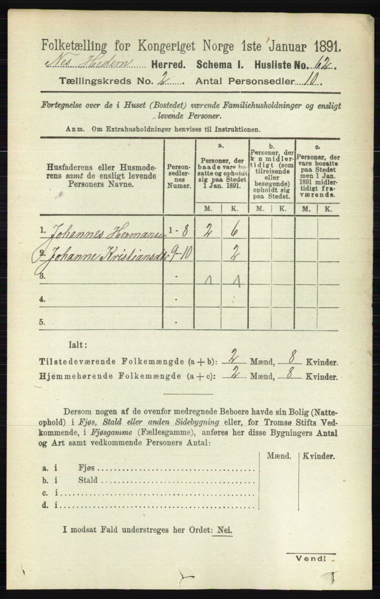 RA, 1891 census for 0411 Nes, 1891, p. 1067