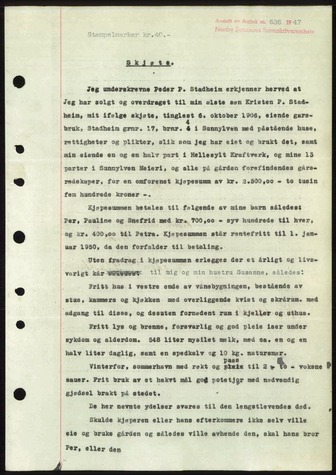 Nordre Sunnmøre sorenskriveri, AV/SAT-A-0006/1/2/2C/2Ca: Mortgage book no. A24, 1947-1947, Diary no: : 636/1947