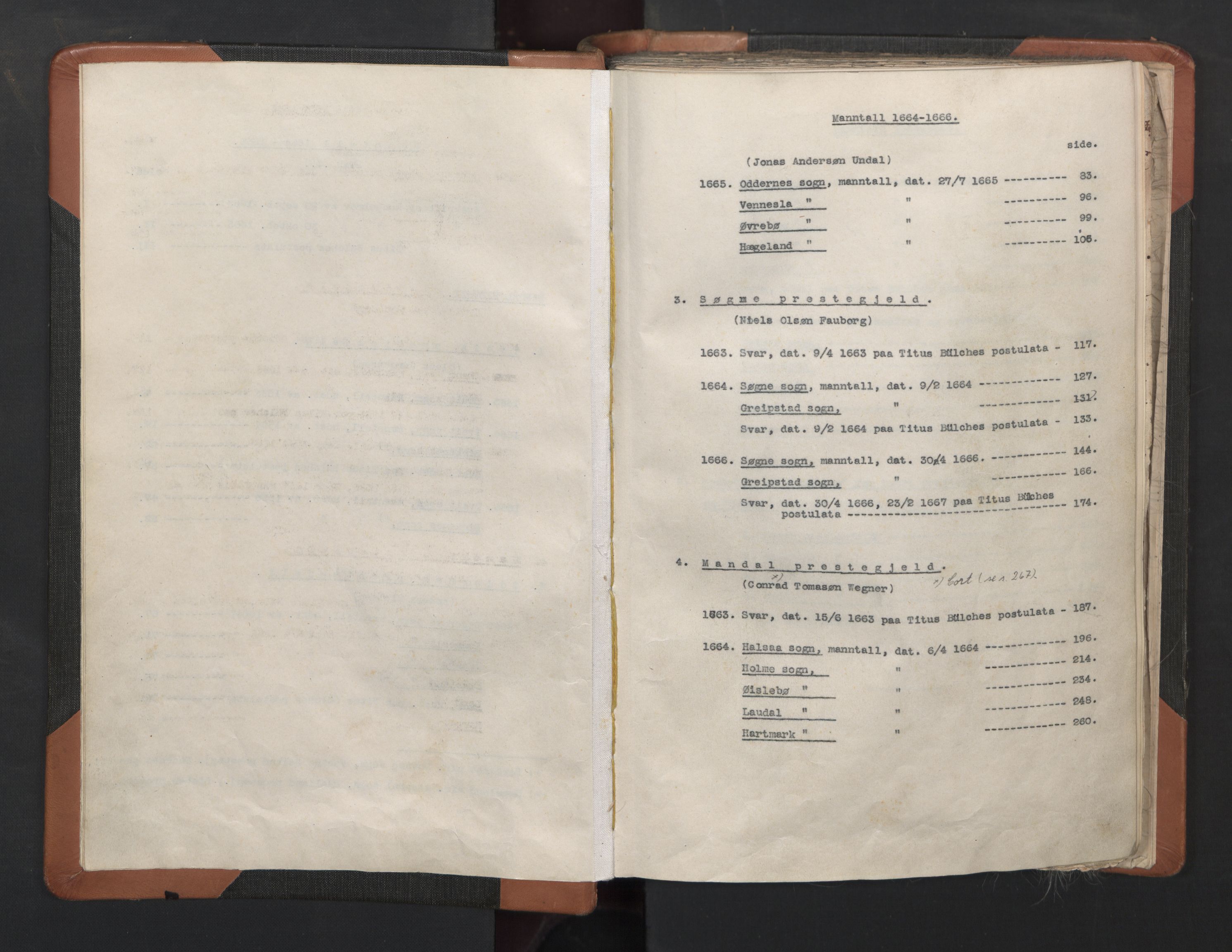 RA, Vicar's Census 1664-1666, no. 15: Mandal deanery, 1664-1666