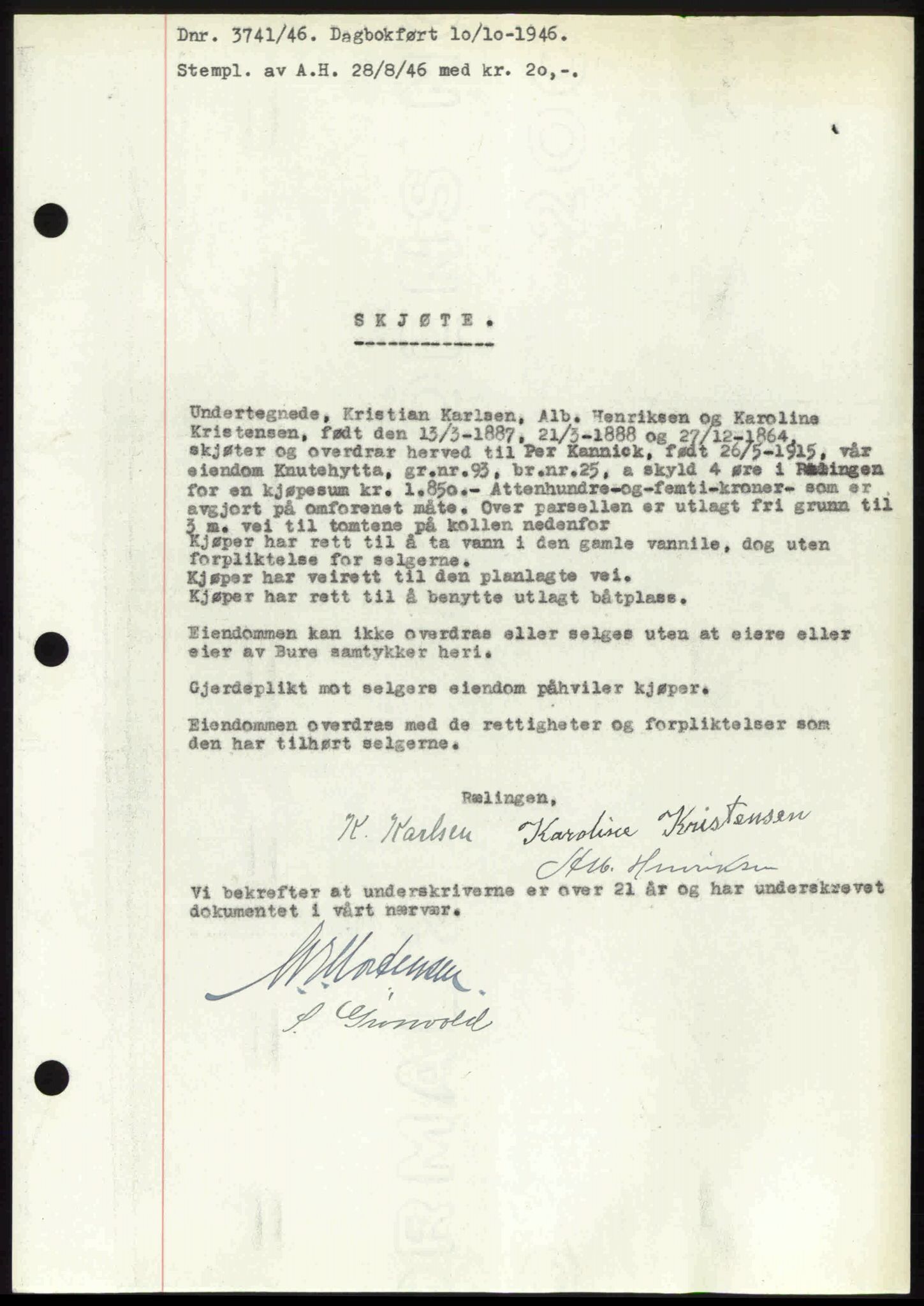 Nedre Romerike sorenskriveri, AV/SAO-A-10469/G/Gb/Gbd/L0017: Mortgage book no. 17, 1946-1946, Diary no: : 3741/1946