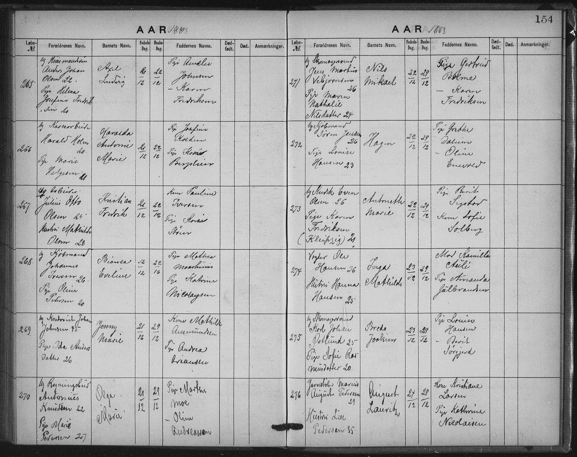 Rikshospitalet prestekontor Kirkebøker, AV/SAO-A-10309b/K/L0003/0001: Baptism register no. 3.1, 1877-1884, p. 154