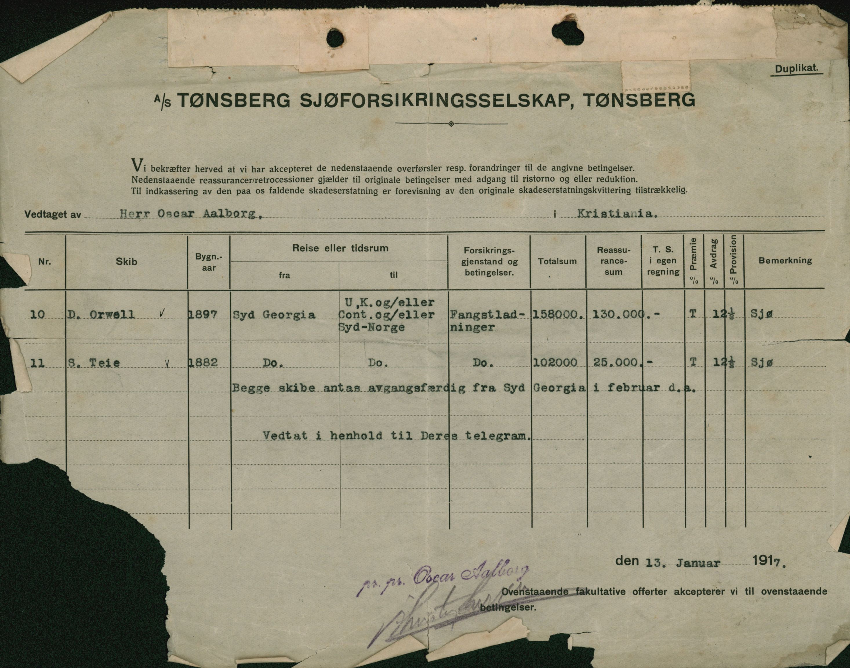 Pa 664 - Tønsberg Sjøforsikringsselskap, VEMU/A-1773/F/L0001: Forsikringspoliser, 1915-1918