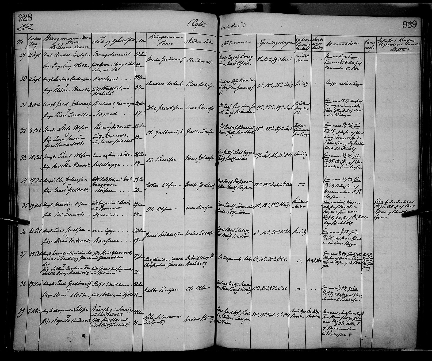 Gran prestekontor, SAH/PREST-112/H/Ha/Haa/L0012: Parish register (official) no. 12, 1856-1874, p. 928-929