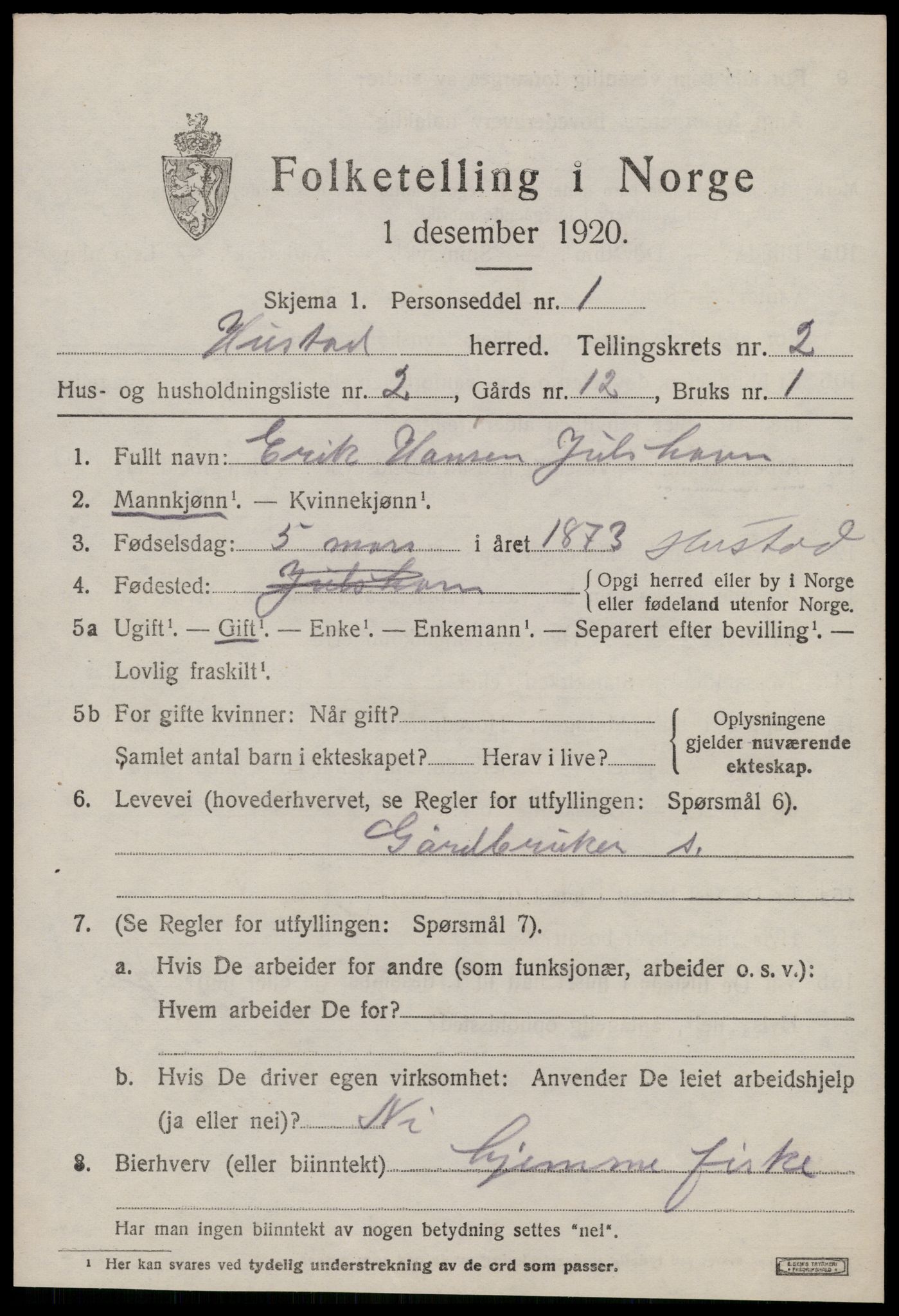 SAT, 1920 census for Hustad, 1920, p. 1537