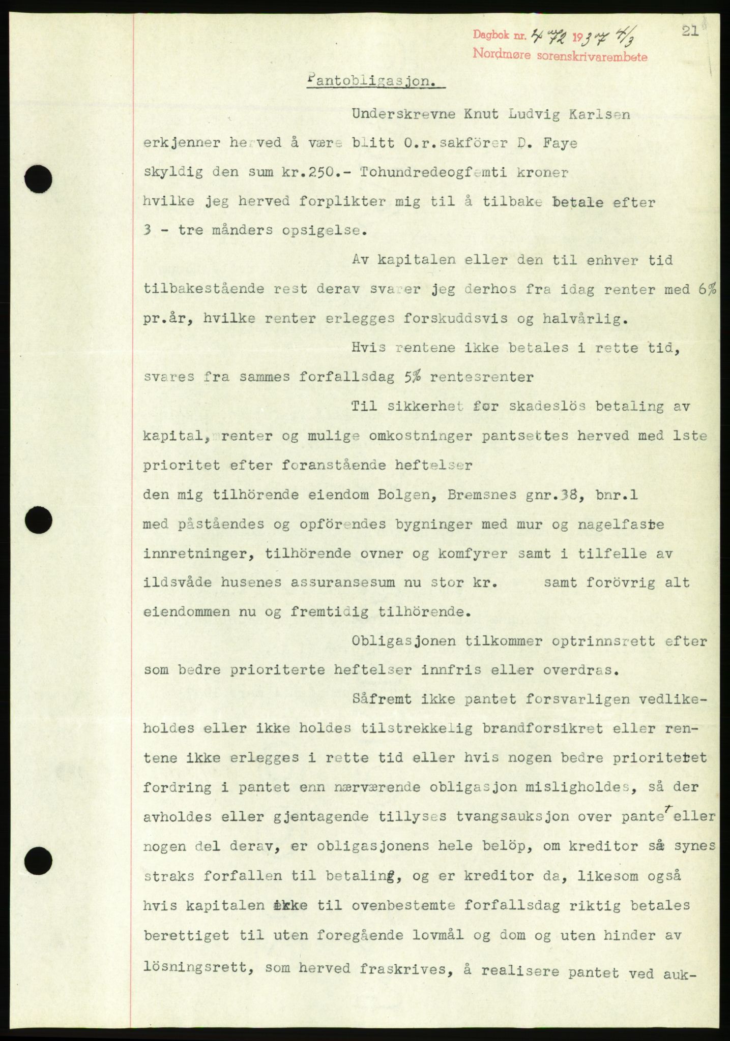 Nordmøre sorenskriveri, AV/SAT-A-4132/1/2/2Ca/L0091: Mortgage book no. B81, 1937-1937, Diary no: : 572/1937