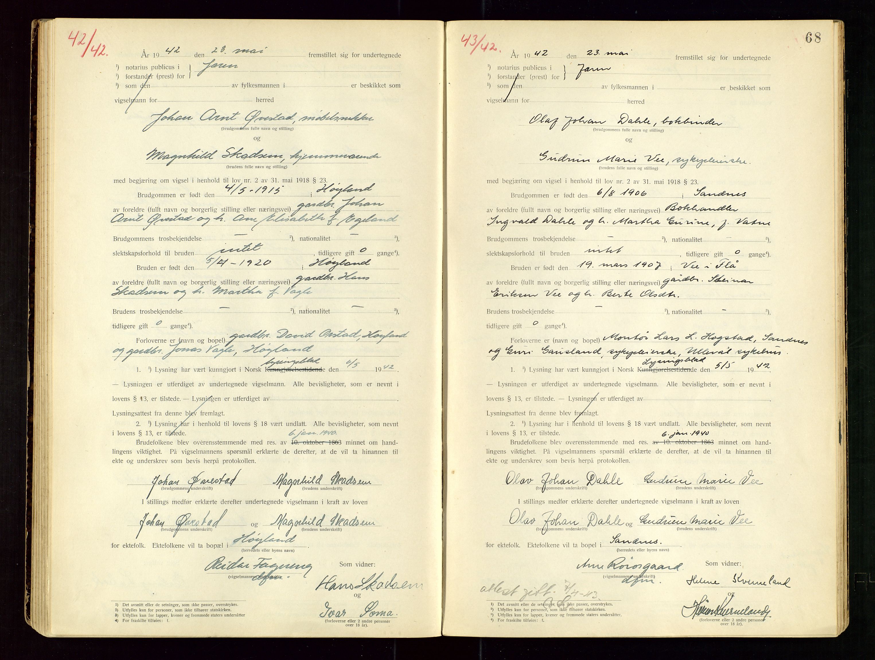 Jæren sorenskriveri, AV/SAST-A-100310/01/6/62/62BA/L0002: VIGSELSPROTOKOLL, 1937-1942, p. 68