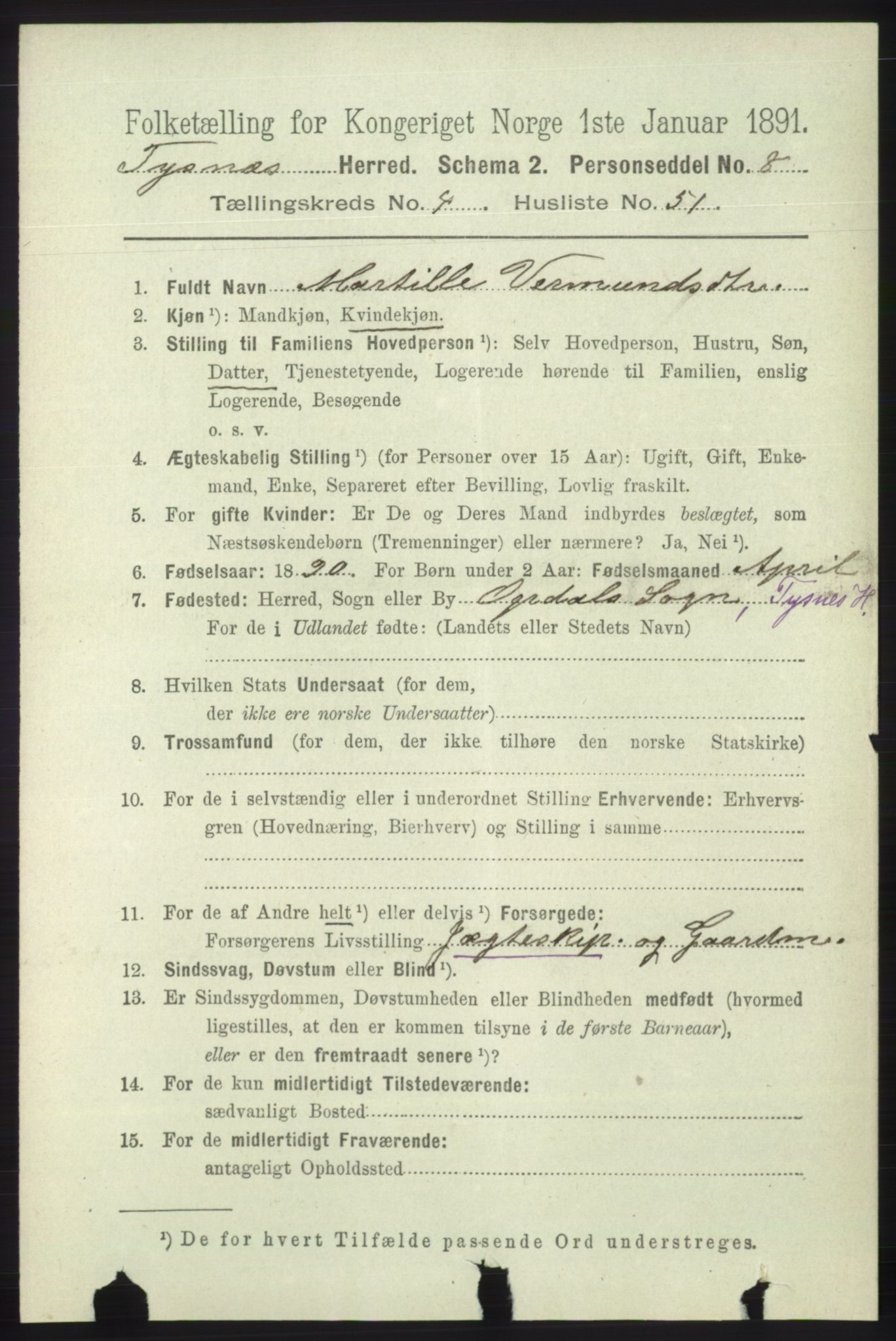 RA, 1891 census for 1223 Tysnes, 1891, p. 1834