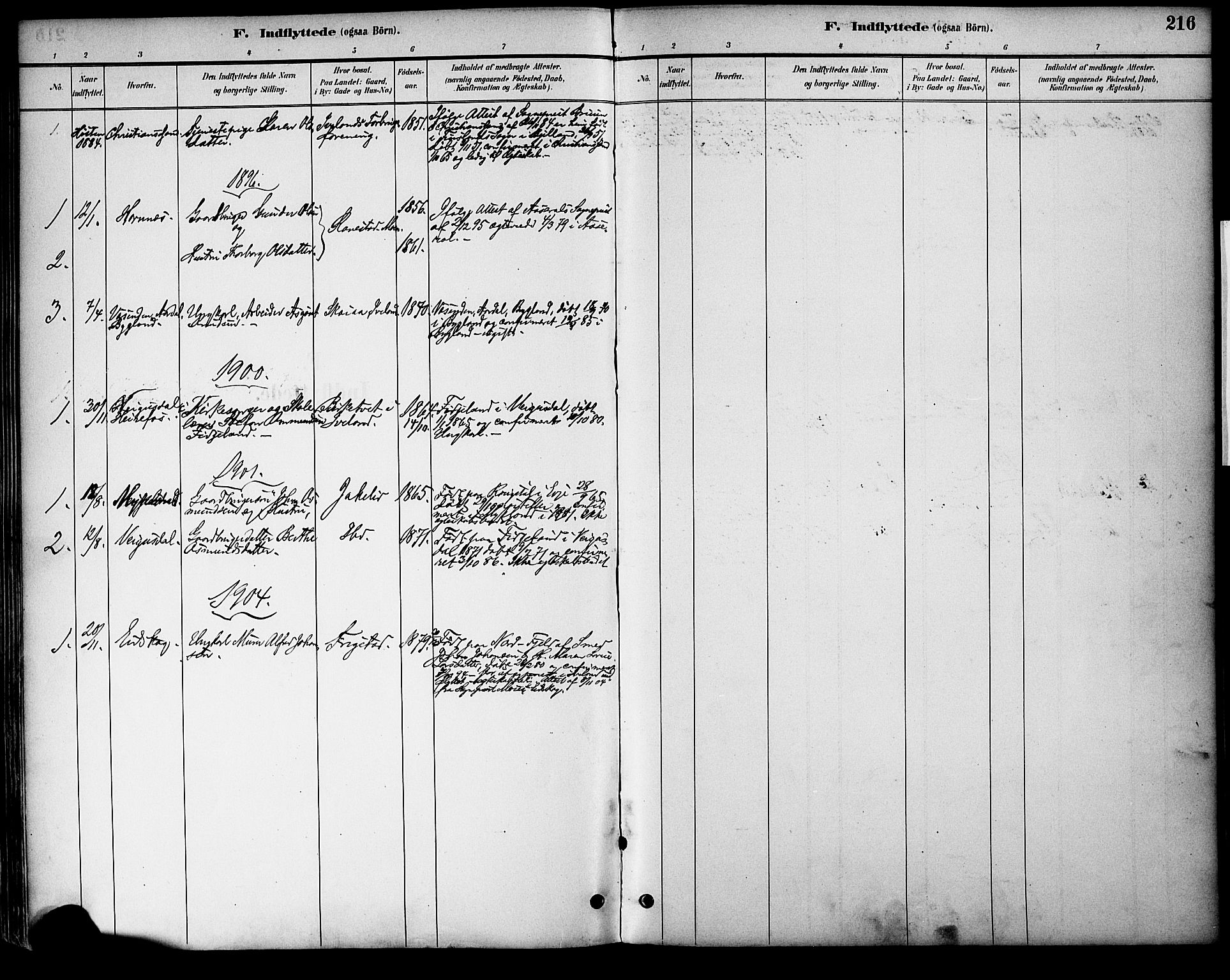 Evje sokneprestkontor, SAK/1111-0008/F/Fa/Fac/L0003: Parish register (official) no. A 3, 1884-1909, p. 216