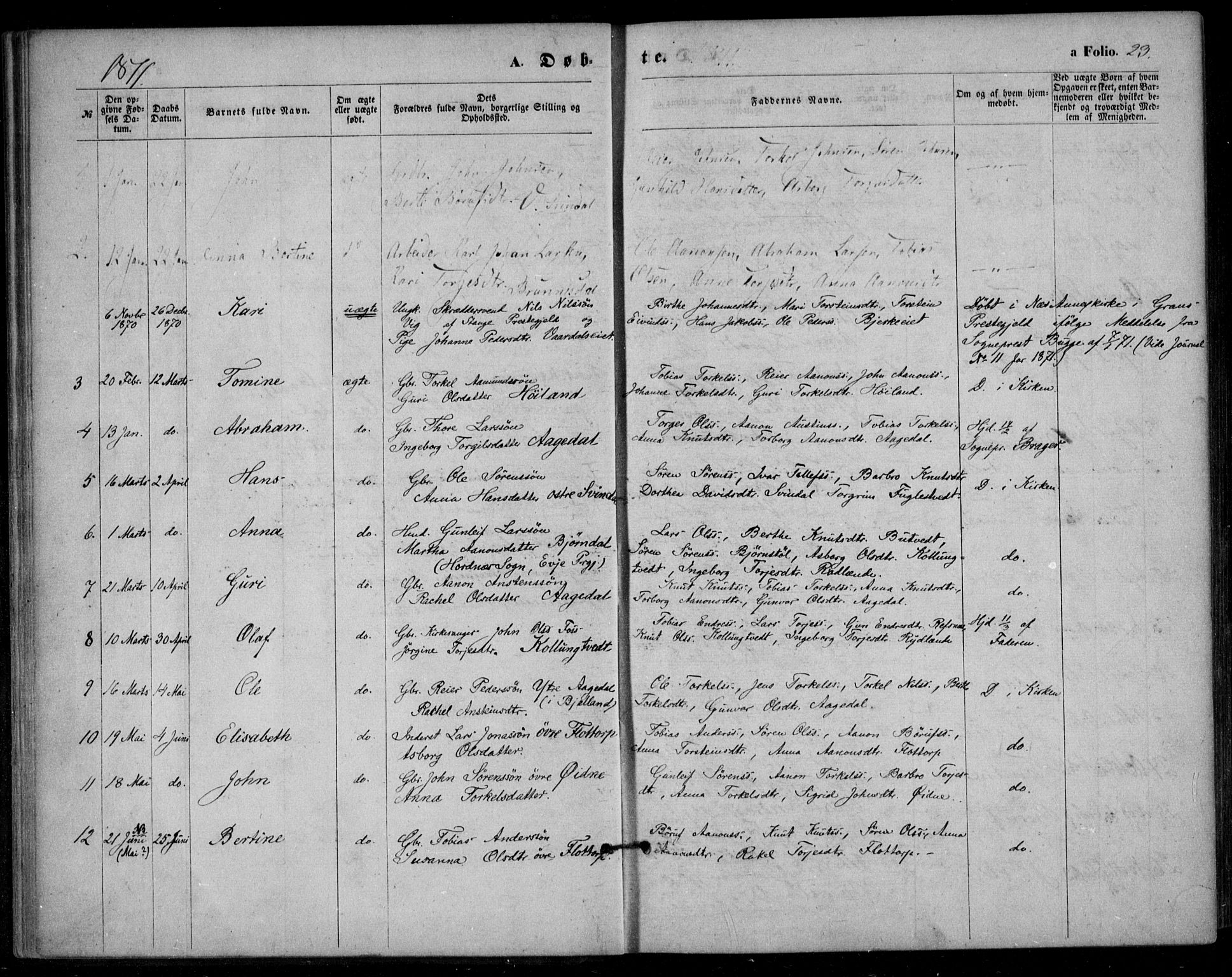 Bjelland sokneprestkontor, AV/SAK-1111-0005/F/Fa/Fac/L0002: Parish register (official) no. A 2, 1866-1887, p. 23