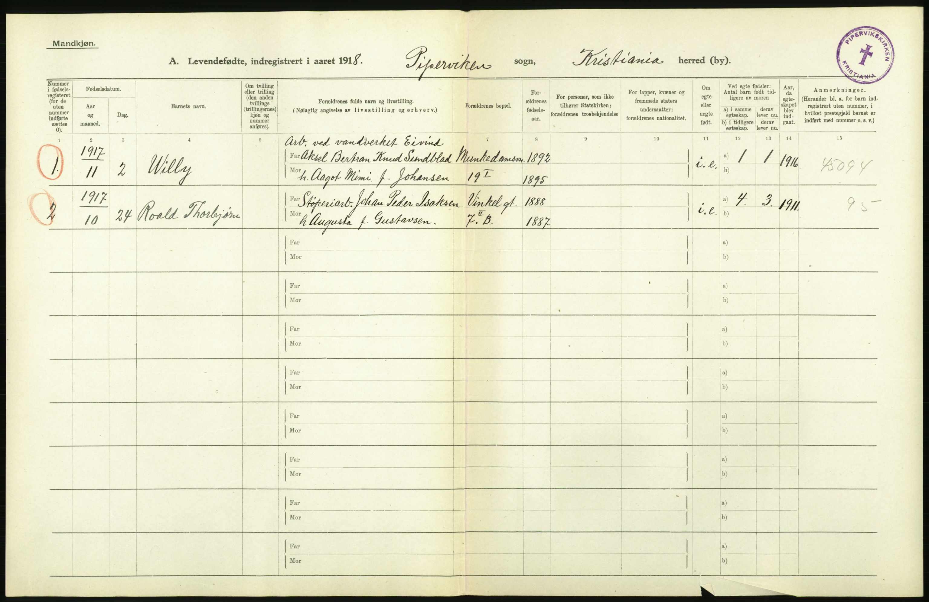 Statistisk sentralbyrå, Sosiodemografiske emner, Befolkning, RA/S-2228/D/Df/Dfb/Dfbh/L0008: Kristiania: Levendefødte menn og kvinner., 1918, p. 200