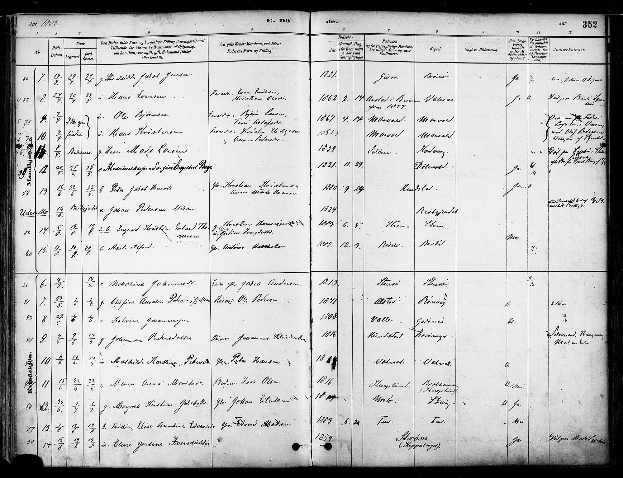 Ministerialprotokoller, klokkerbøker og fødselsregistre - Nordland, SAT/A-1459/802/L0054: Parish register (official) no. 802A01, 1879-1893, p. 352