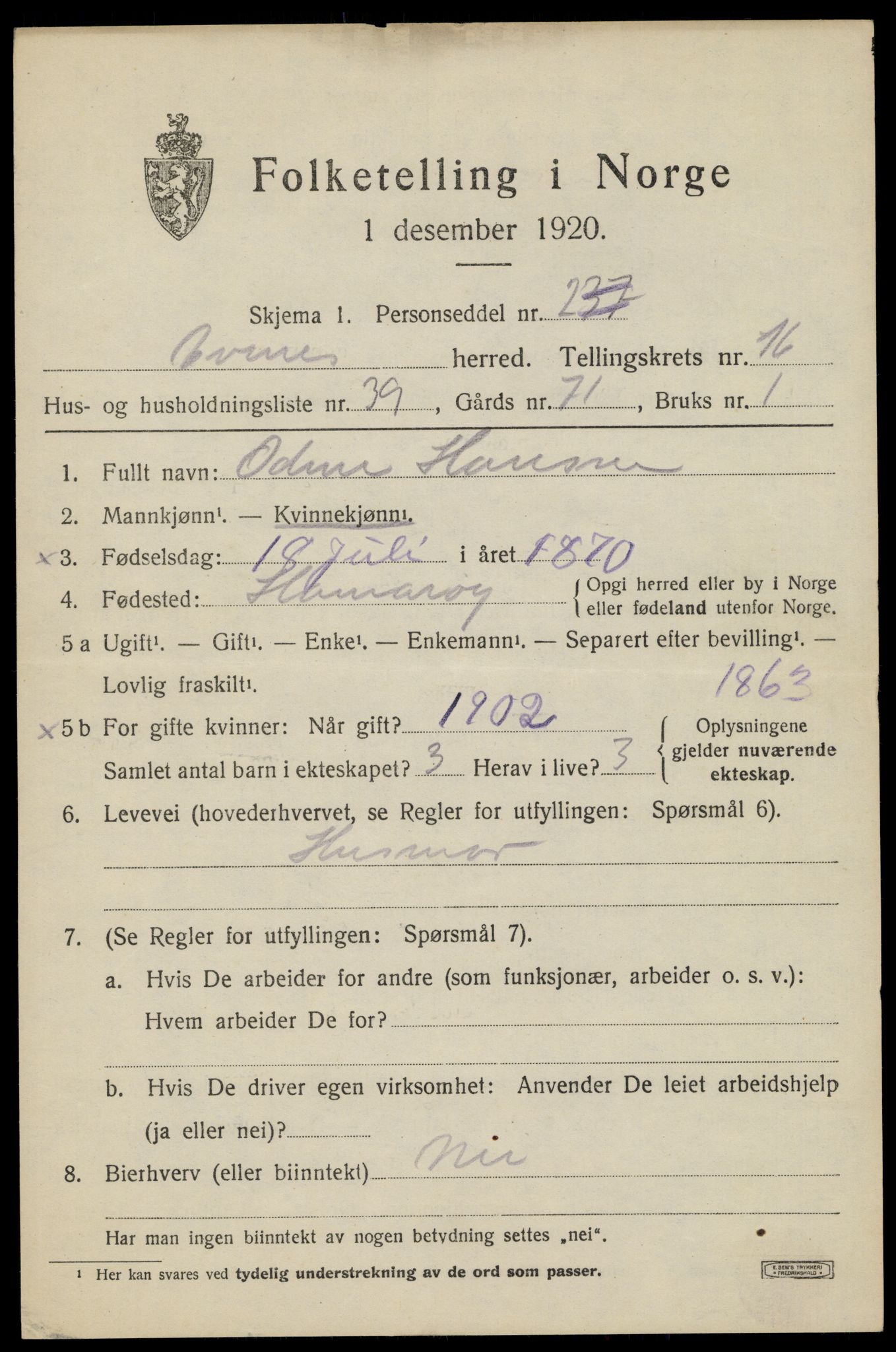 SAT, 1920 census for Evenes, 1920, p. 13650