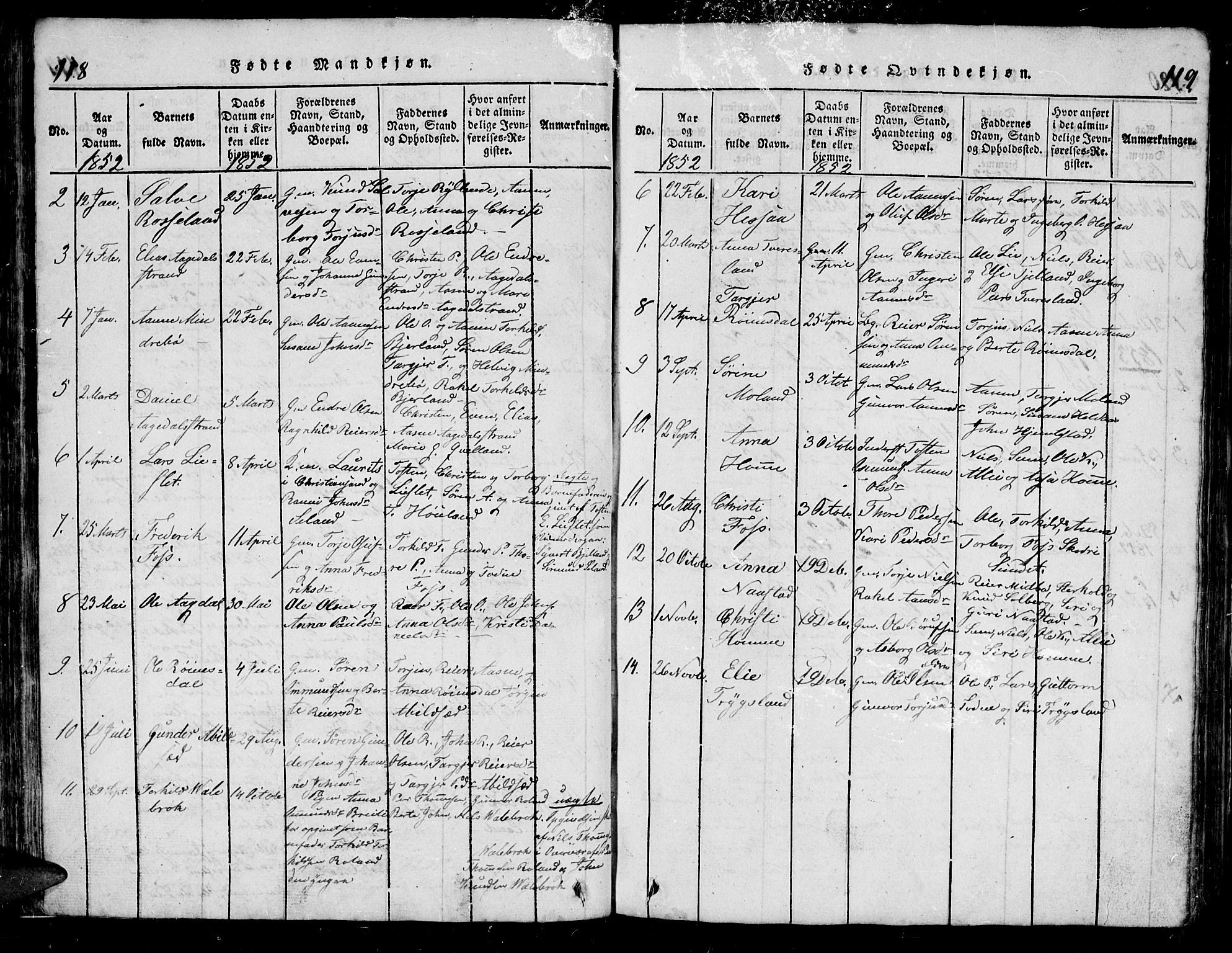 Bjelland sokneprestkontor, AV/SAK-1111-0005/F/Fb/Fba/L0003: Parish register (copy) no. B 3, 1816-1870, p. 118-119