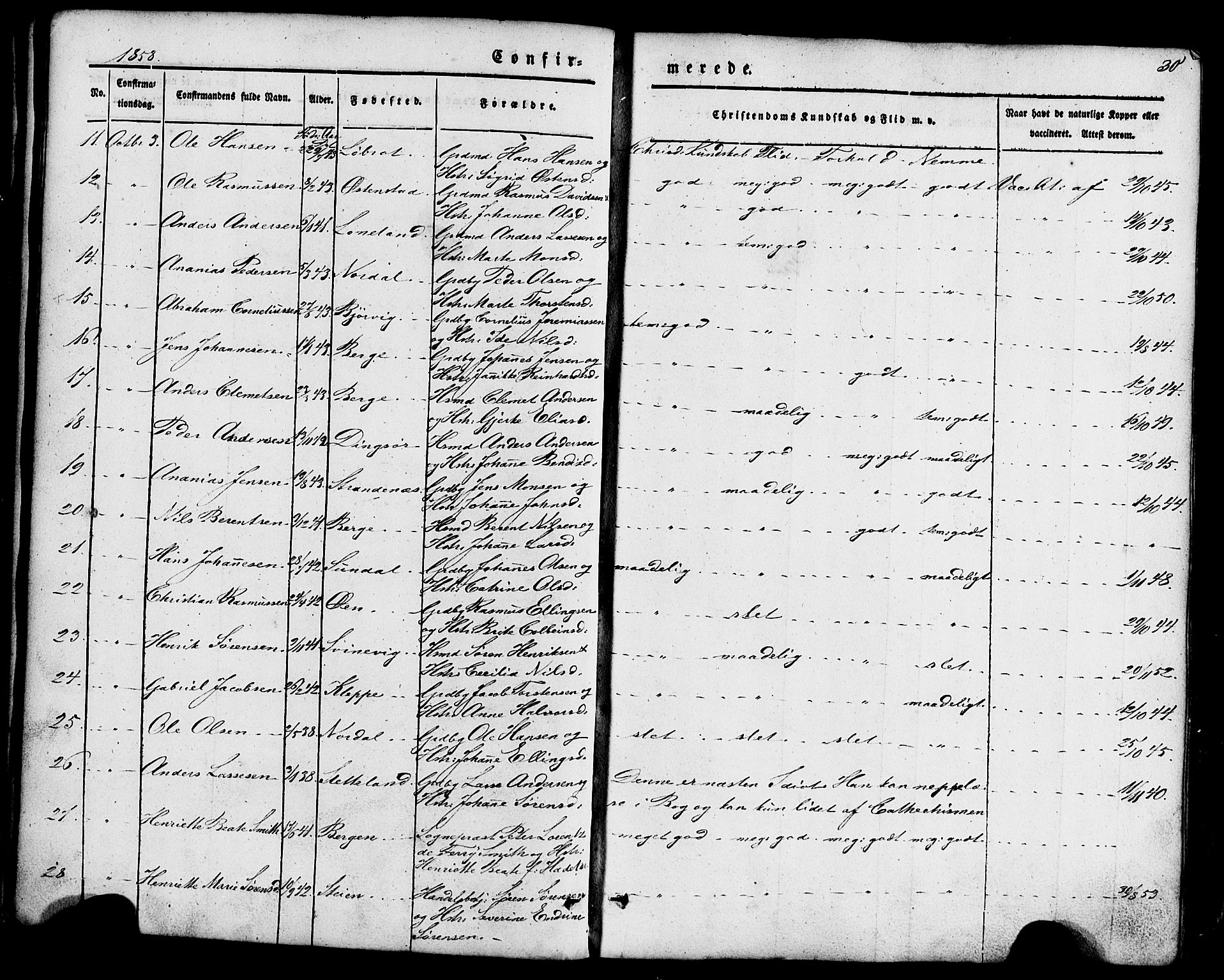 Fjaler sokneprestembete, SAB/A-79801/H/Haa/Haaa/L0008: Parish register (official) no. A 8, 1850-1886, p. 30