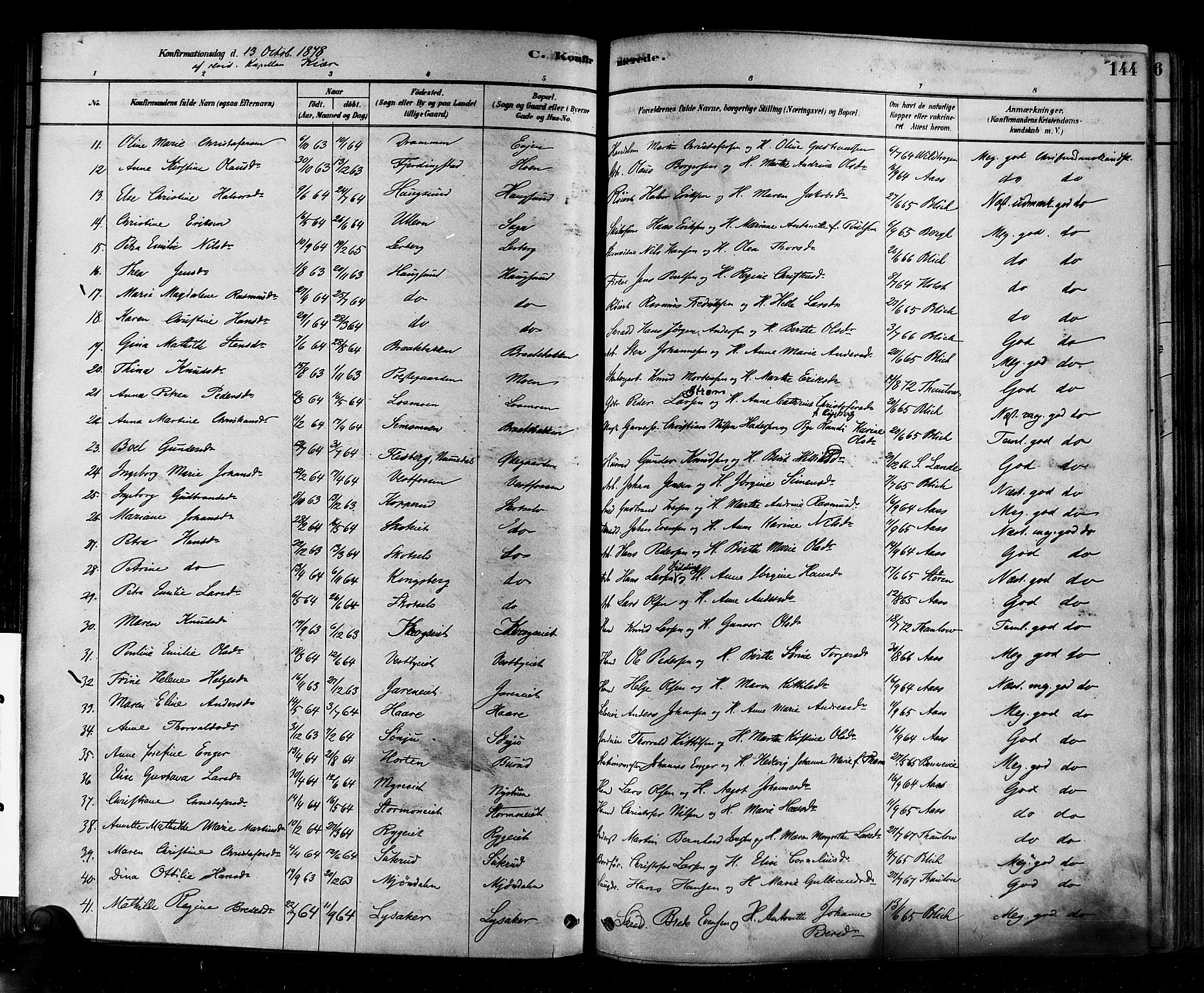 Eiker kirkebøker, AV/SAKO-A-4/F/Fb/L0001: Parish register (official) no. II 1, 1878-1888, p. 144