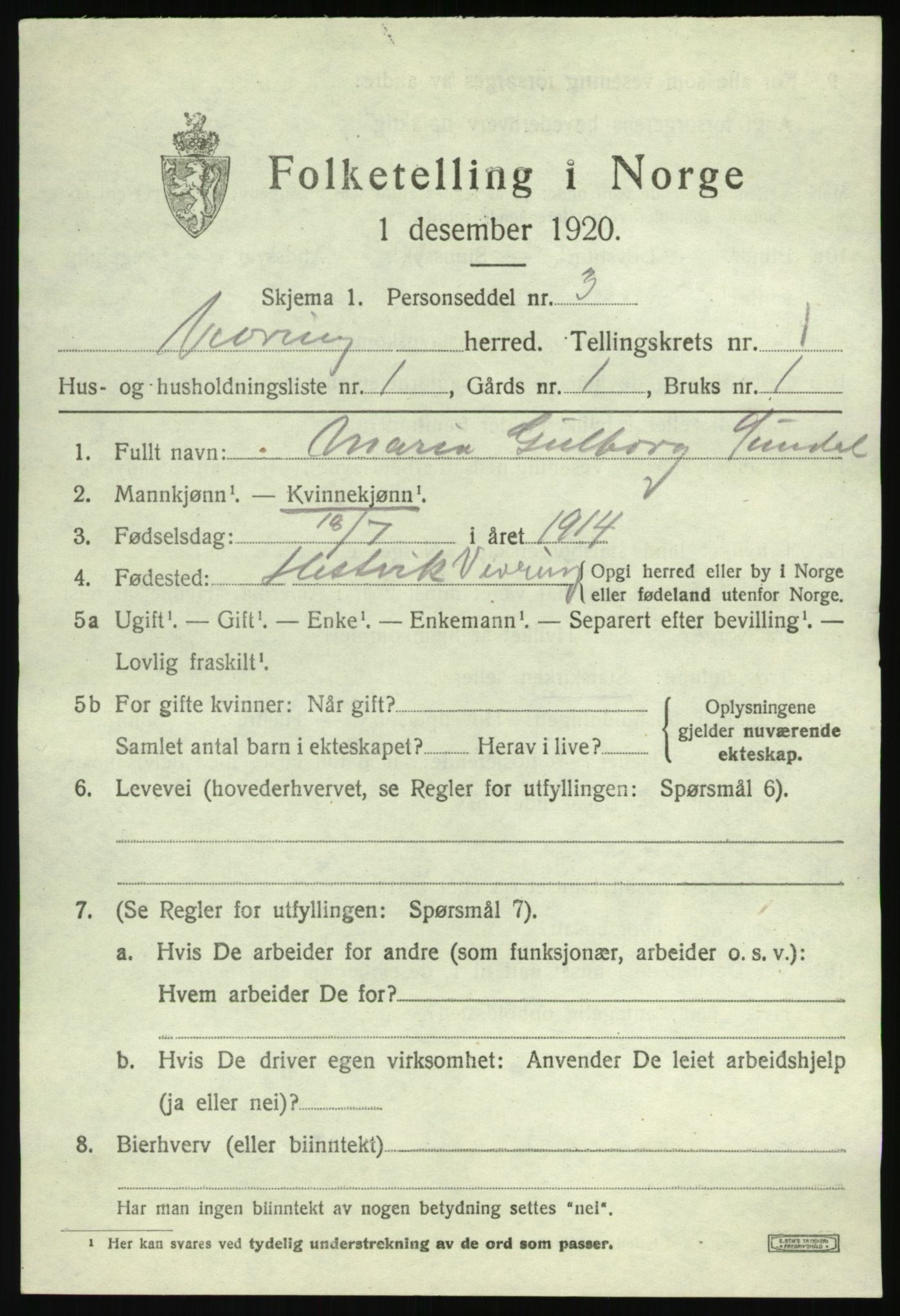 SAB, 1920 census for Vevring, 1920, p. 440