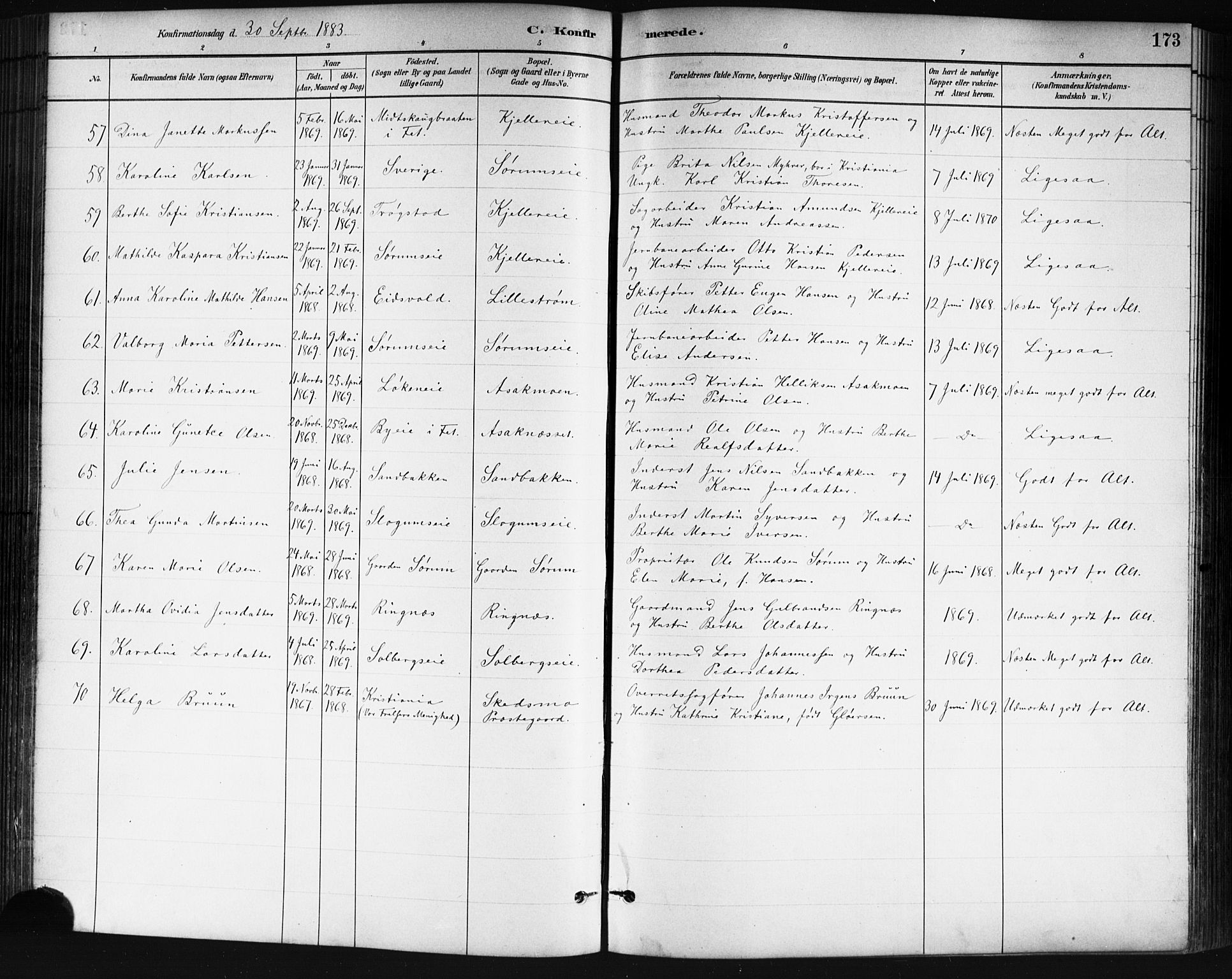 Skedsmo prestekontor Kirkebøker, SAO/A-10033a/G/Ga/L0004: Parish register (copy) no. I 4, 1883-1895, p. 173