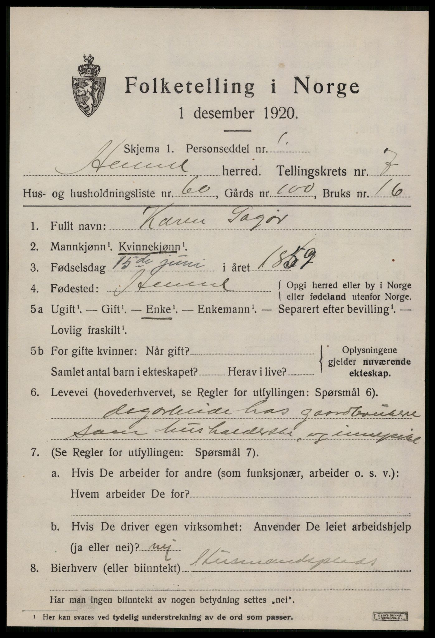 SAT, 1920 census for Hemne, 1920, p. 4672