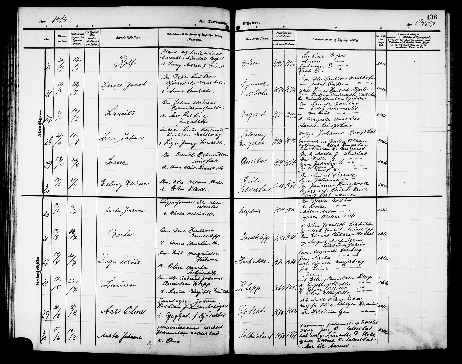 Ministerialprotokoller, klokkerbøker og fødselsregistre - Møre og Romsdal, AV/SAT-A-1454/511/L0159: Parish register (copy) no. 511C05, 1902-1920, p. 136