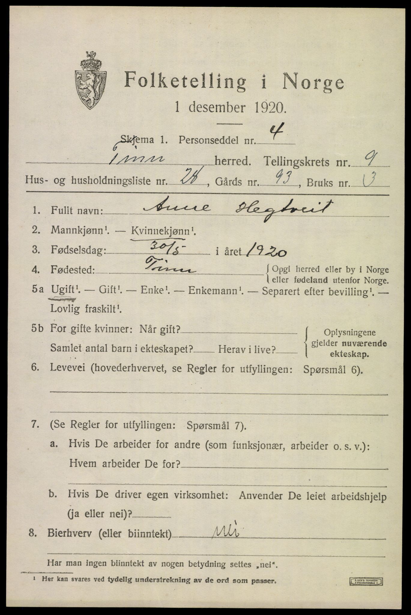 SAKO, 1920 census for Tinn, 1920, p. 6258