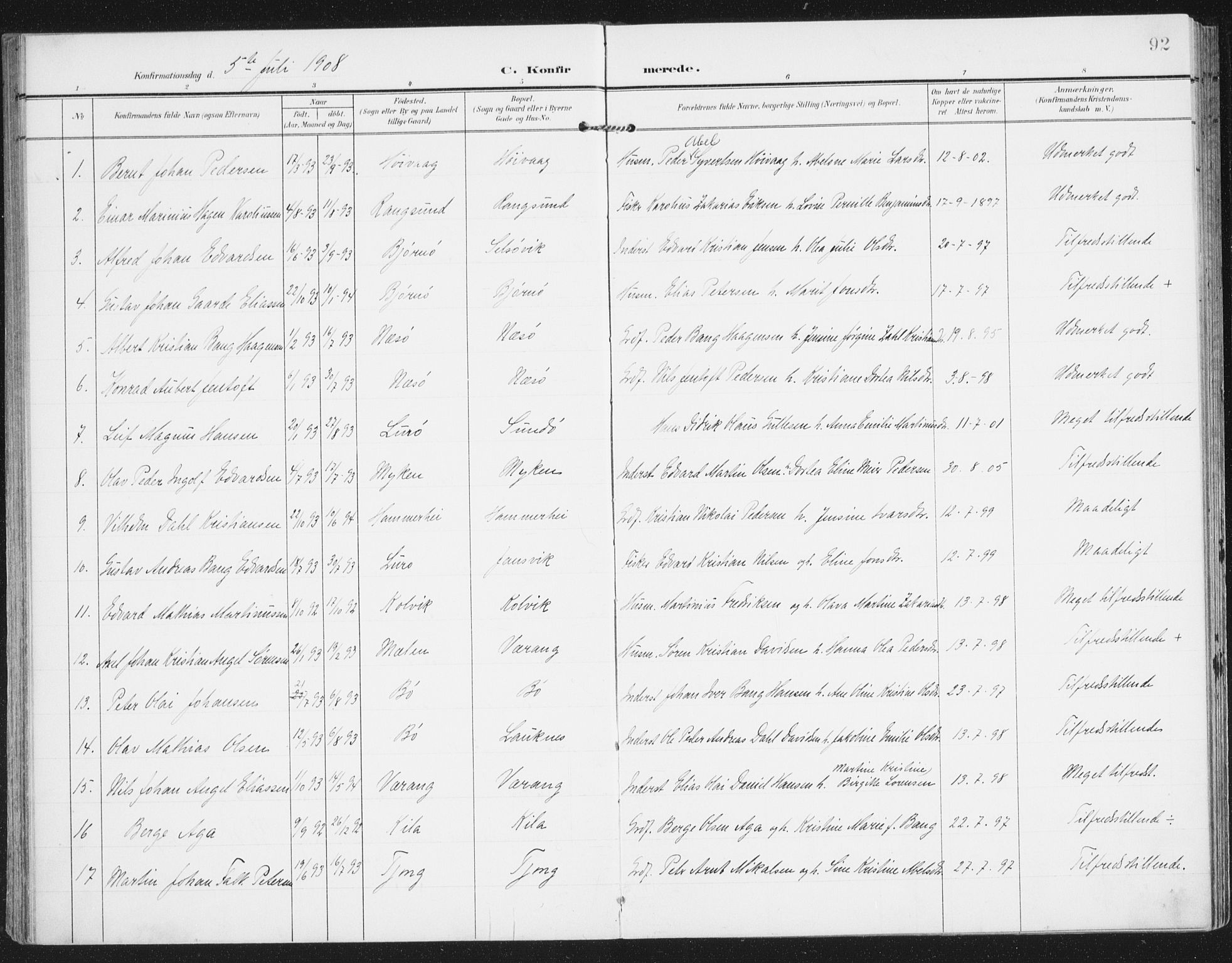 Ministerialprotokoller, klokkerbøker og fødselsregistre - Nordland, AV/SAT-A-1459/841/L0612: Parish register (official) no. 841A15, 1902-1910, p. 92