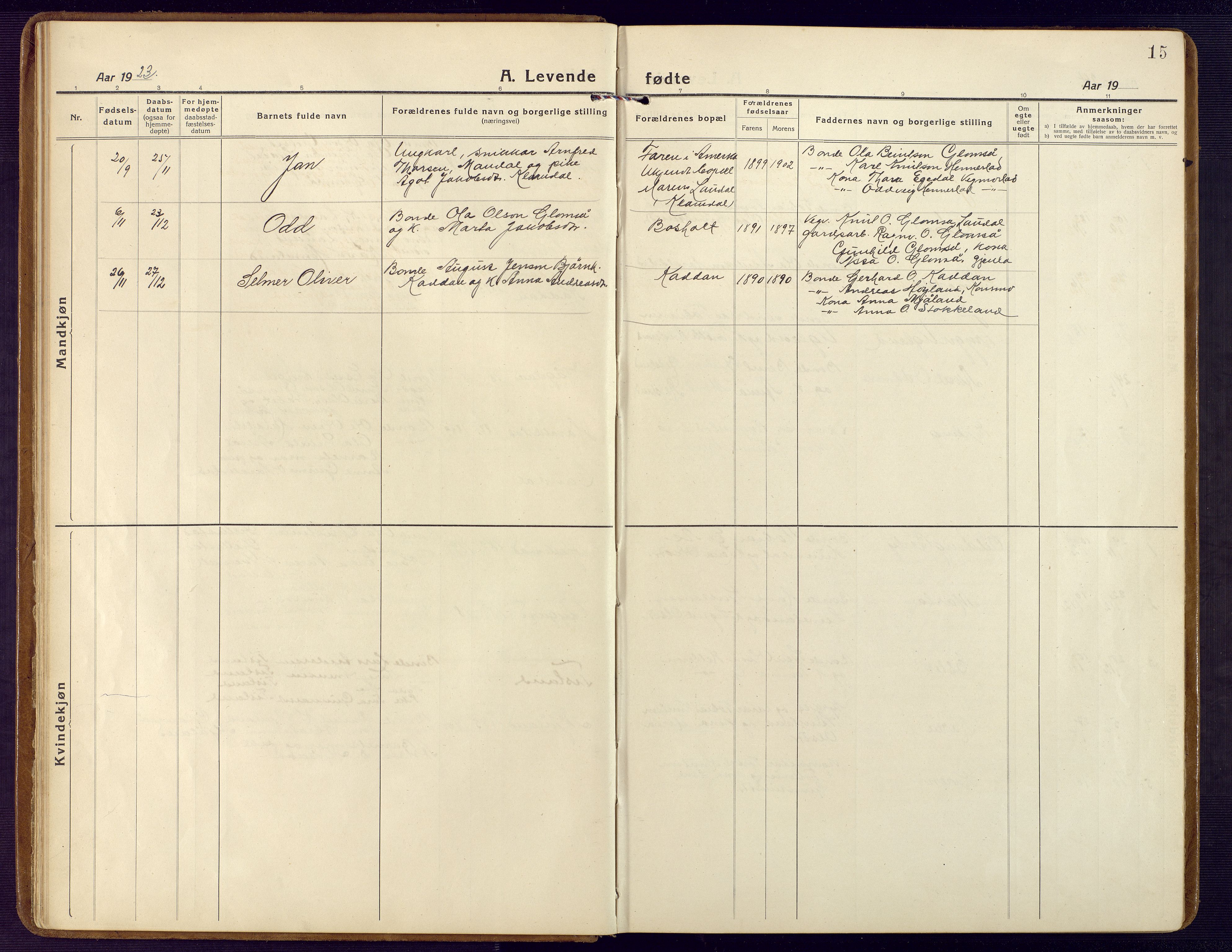 Holum sokneprestkontor, AV/SAK-1111-0022/F/Fb/Fbb/L0005: Parish register (copy) no. B 5, 1920-1945, p. 15