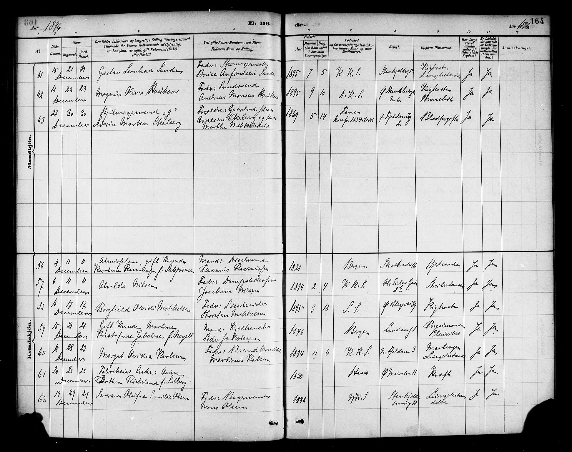 Korskirken sokneprestembete, SAB/A-76101/H/Haa/L0047: Parish register (official) no. E 5, 1884-1910, p. 164