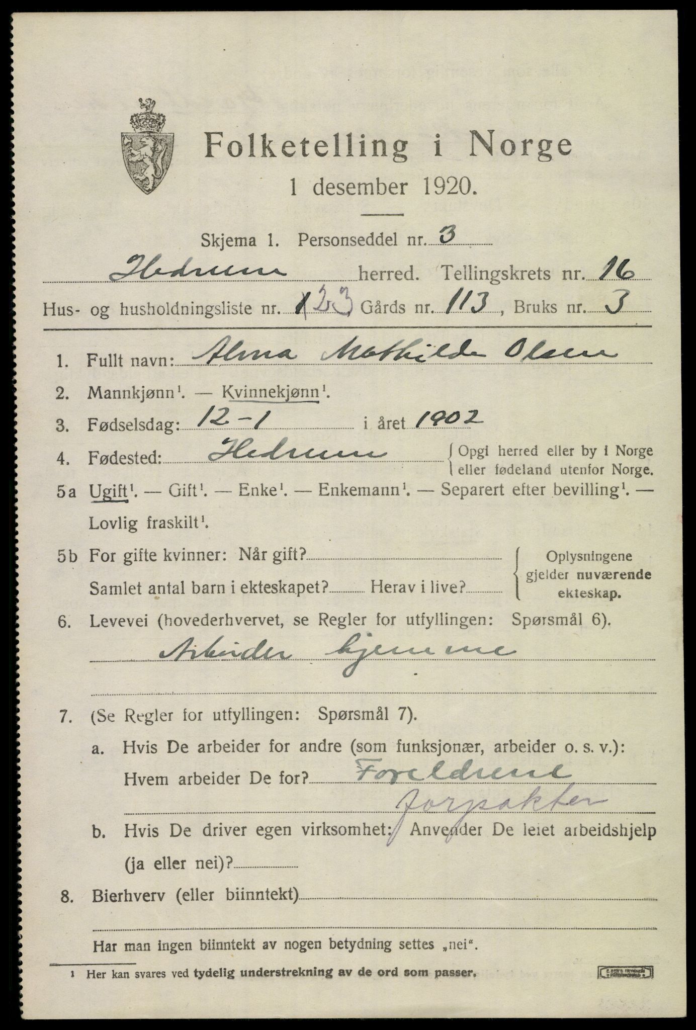 SAKO, 1920 census for Hedrum, 1920, p. 10509