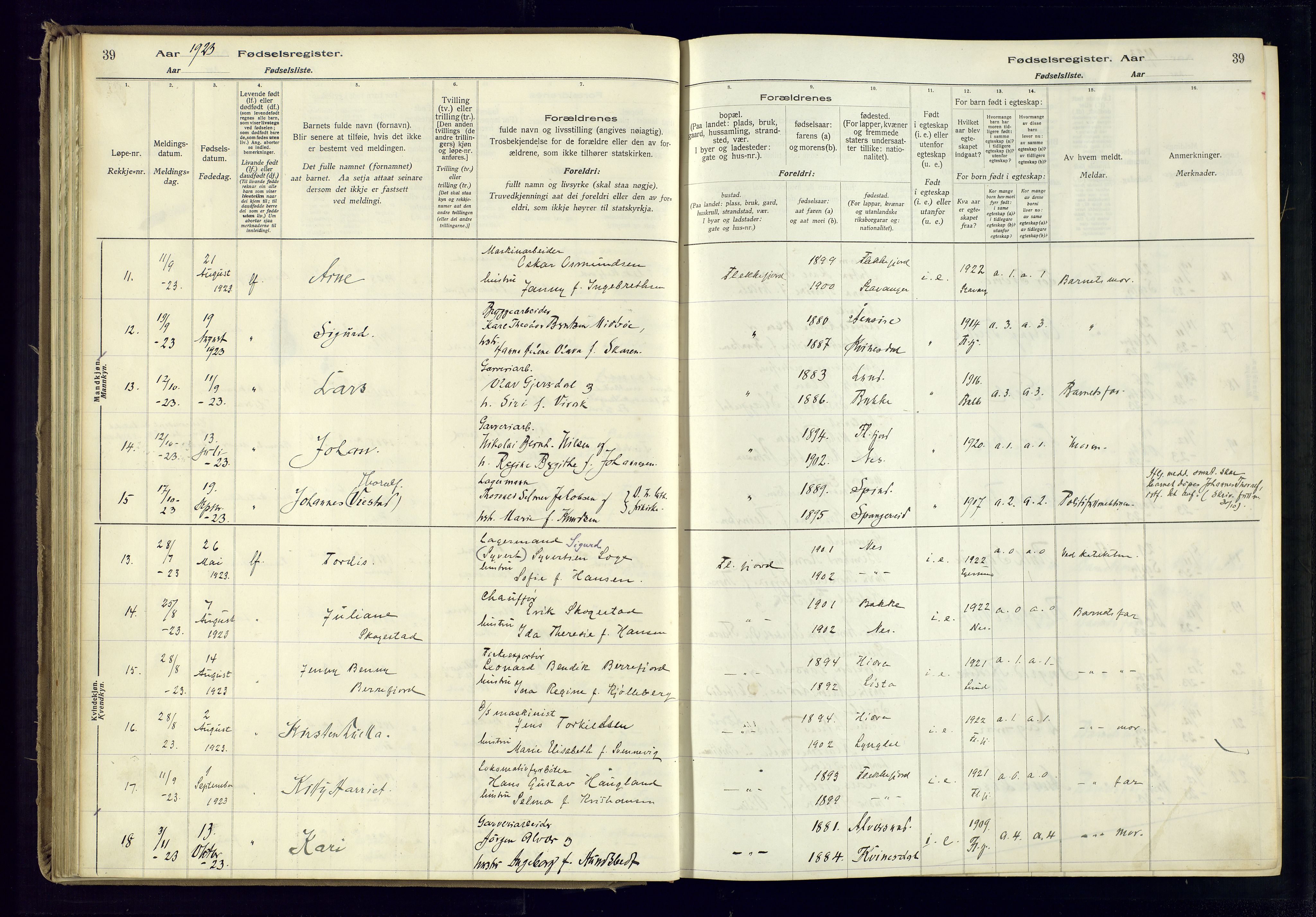 Flekkefjord sokneprestkontor, AV/SAK-1111-0012/J/Ja/L0001: Birth register no. 1, 1916-1948, p. 39