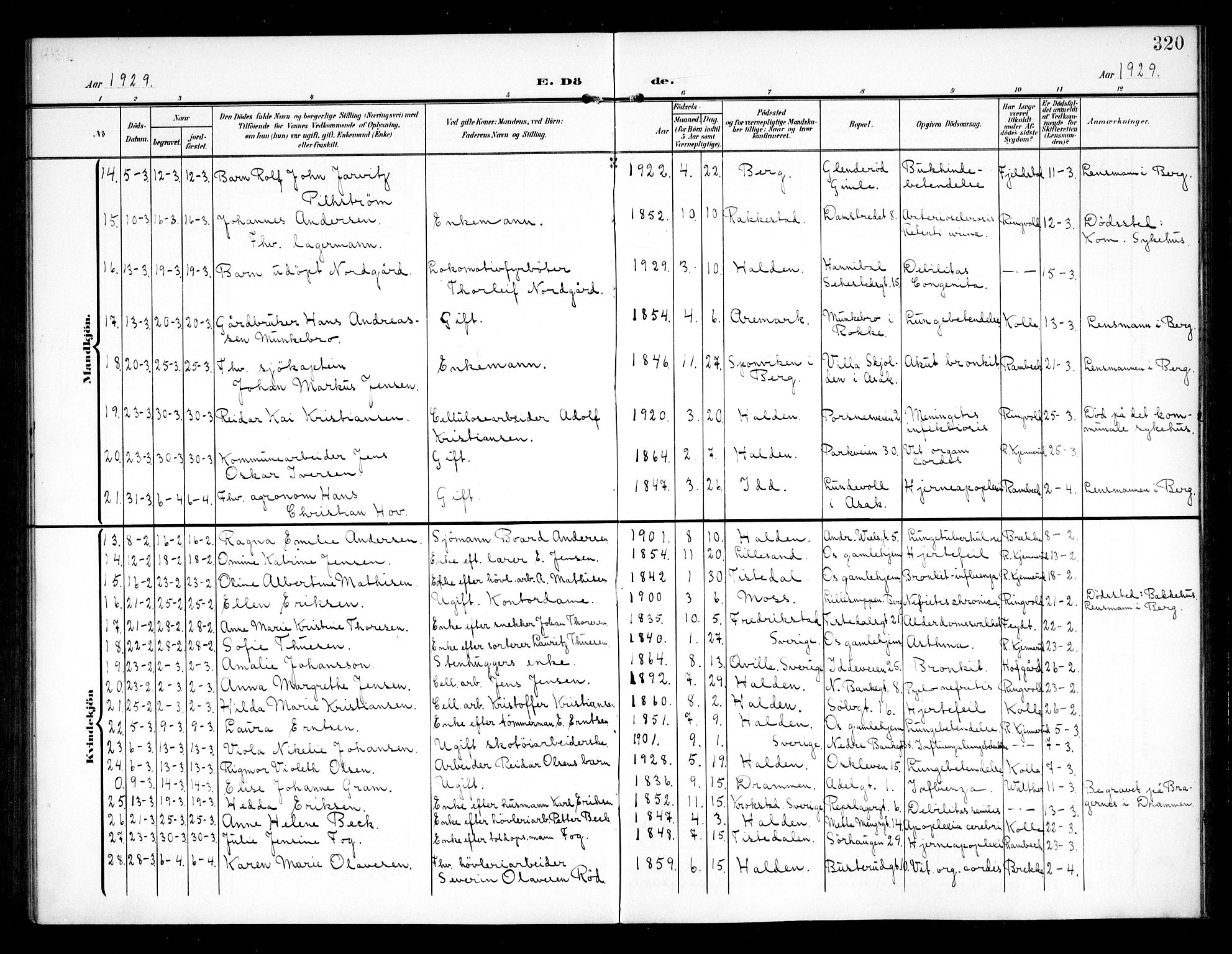 Halden prestekontor Kirkebøker, AV/SAO-A-10909/G/Ga/L0011: Parish register (copy) no. 11, 1906-1934, p. 320