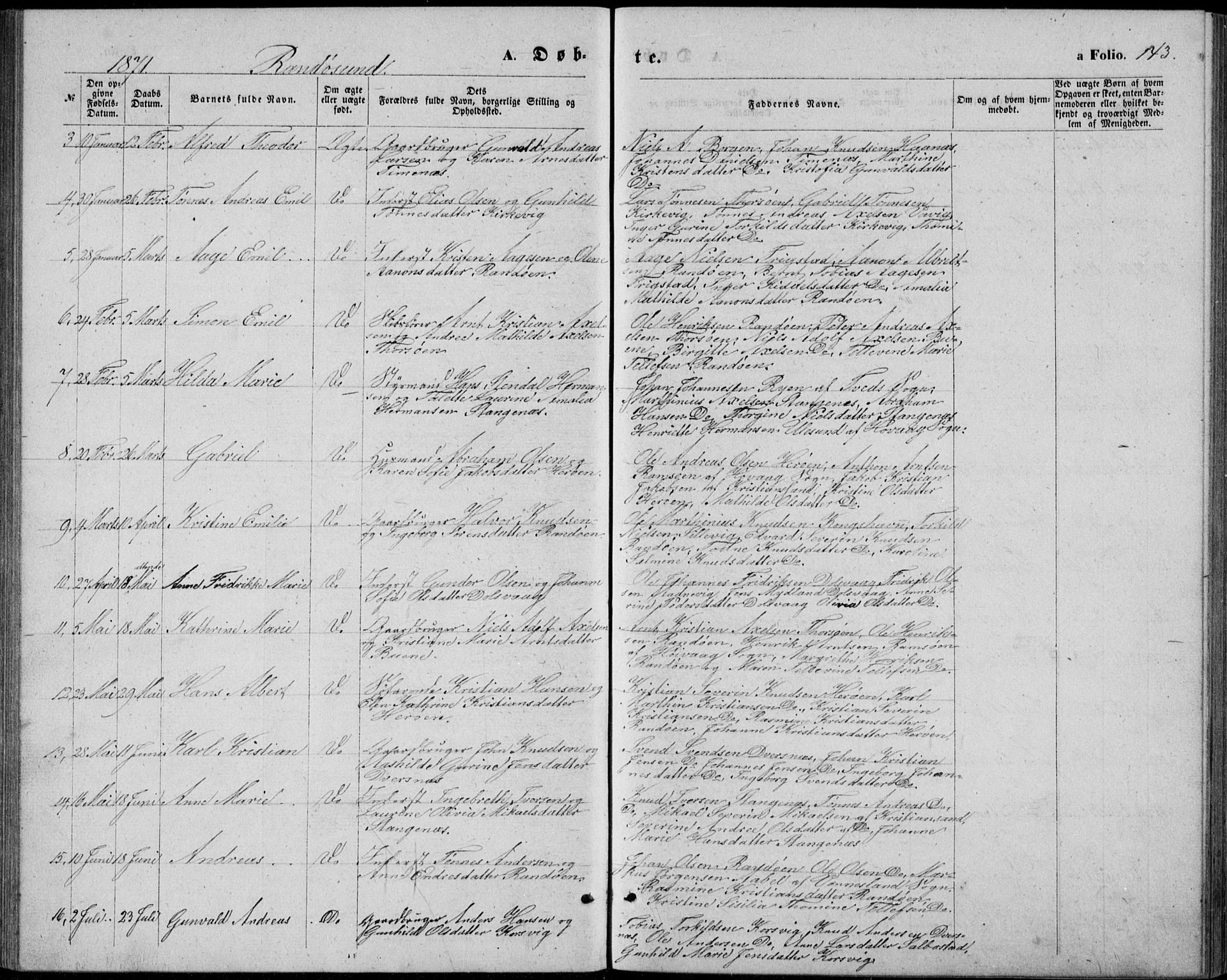 Oddernes sokneprestkontor, AV/SAK-1111-0033/F/Fb/Fba/L0007: Parish register (copy) no. B 7, 1869-1887, p. 143