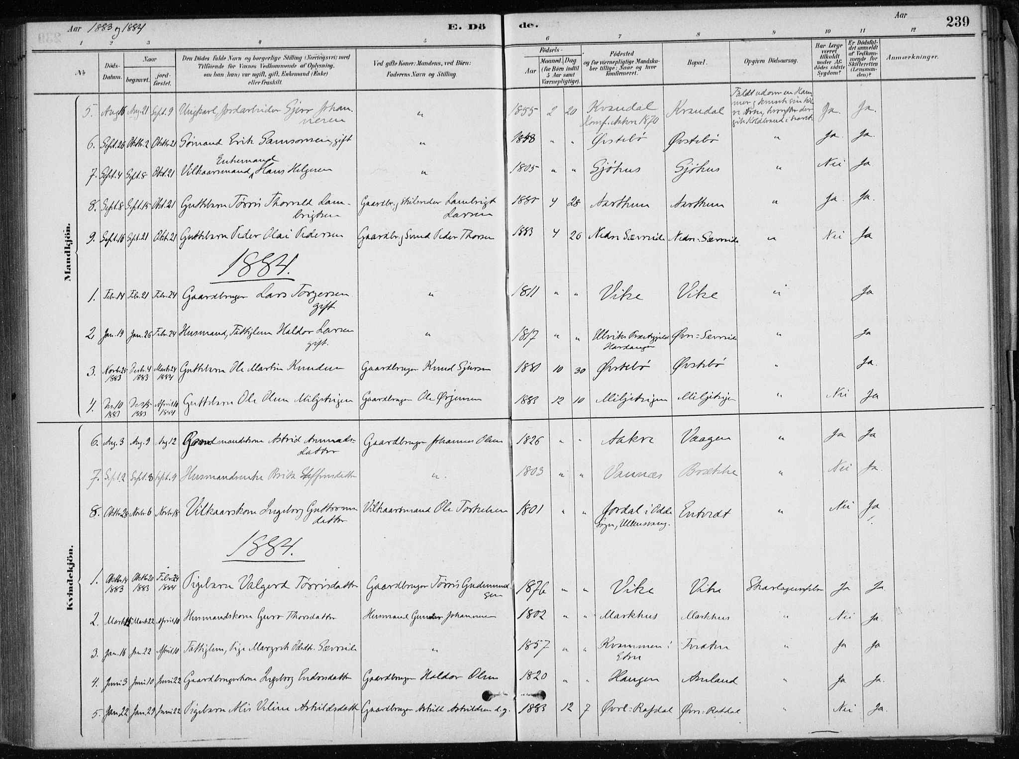 Skånevik sokneprestembete, SAB/A-77801/H/Haa: Parish register (official) no. E  1, 1879-1901, p. 239