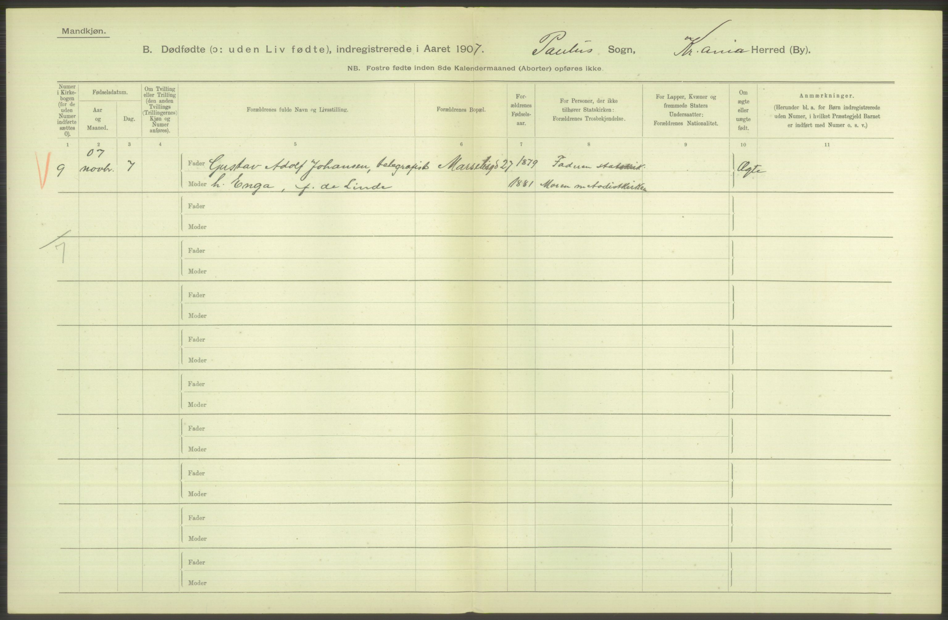 Statistisk sentralbyrå, Sosiodemografiske emner, Befolkning, RA/S-2228/D/Df/Dfa/Dfae/L0010: Kristiania: Døde, dødfødte, 1907, p. 78