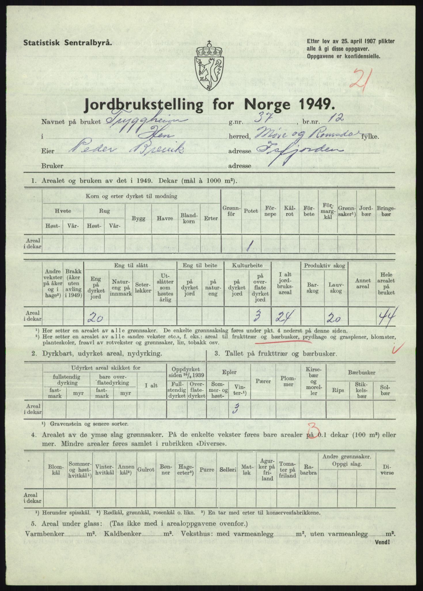 Statistisk sentralbyrå, Næringsøkonomiske emner, Jordbruk, skogbruk, jakt, fiske og fangst, AV/RA-S-2234/G/Gc/L0323: Møre og Romsdal: Grytten og Hen, 1949, p. 683