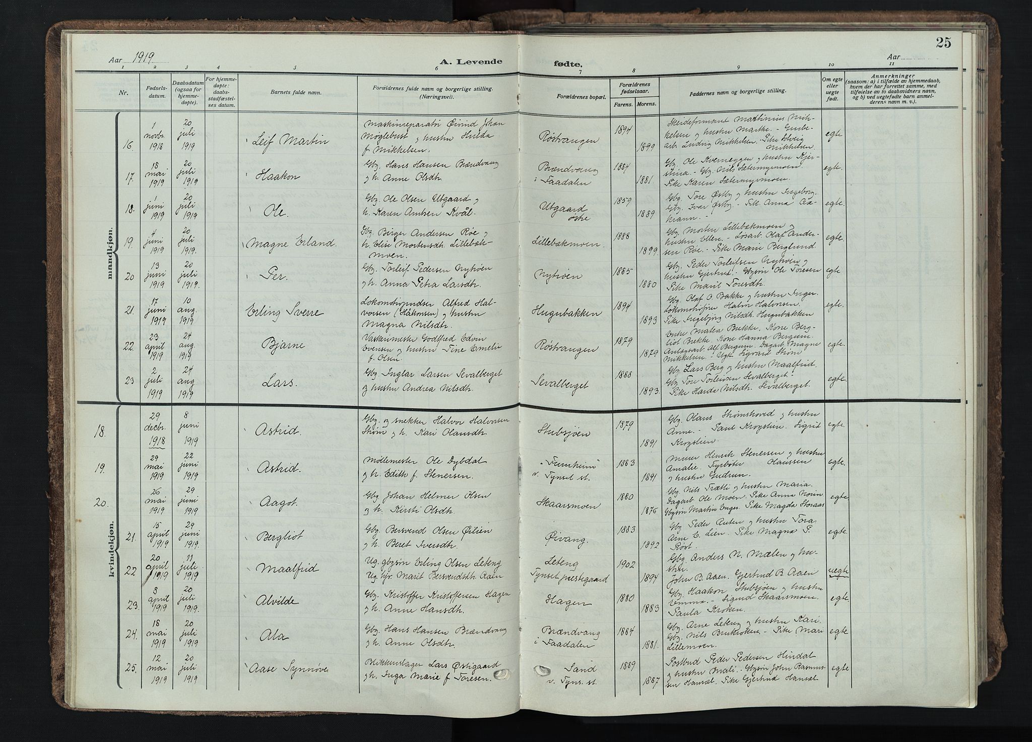 Tynset prestekontor, AV/SAH-PREST-058/H/Ha/Haa/L0026: Parish register (official) no. 26, 1915-1929, p. 25