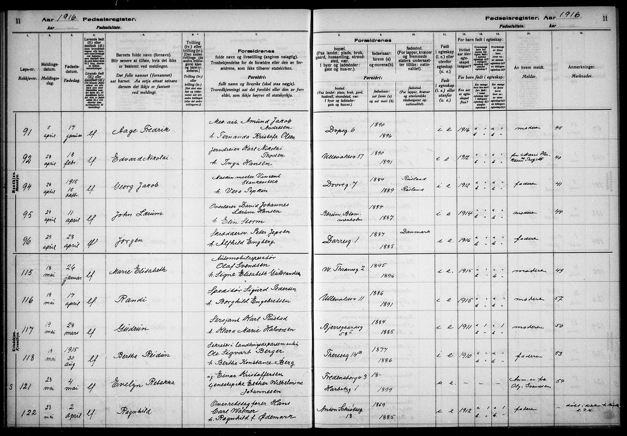 Gamle Aker prestekontor Kirkebøker, AV/SAO-A-10617a/J/L0001: Birth register no. 1, 1916-1927, p. 11