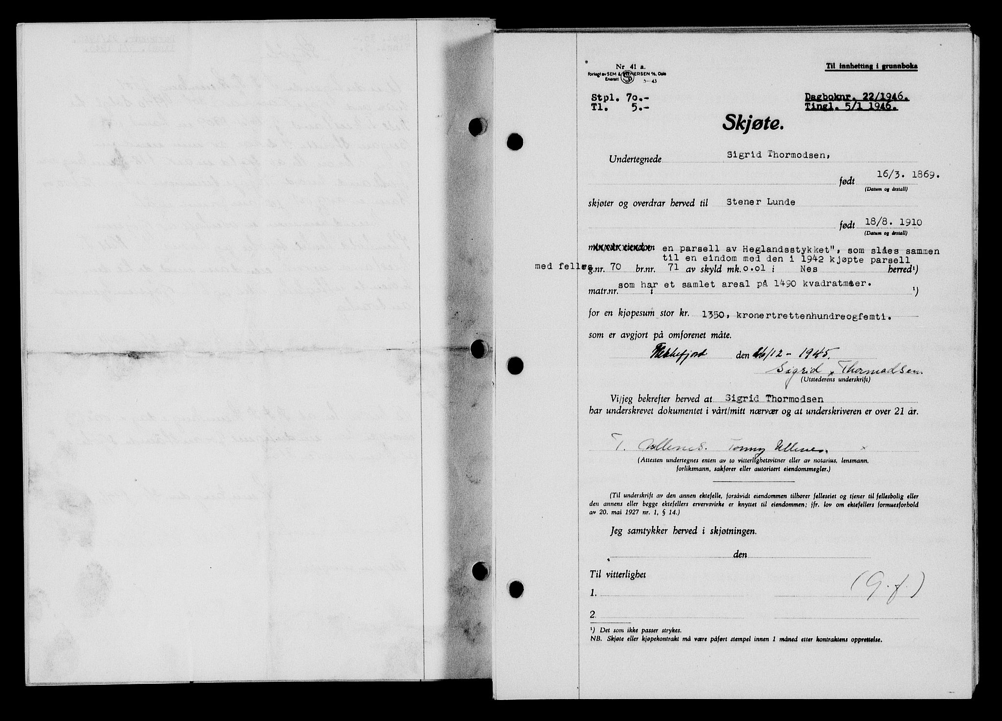 Flekkefjord sorenskriveri, SAK/1221-0001/G/Gb/Gba/L0060: Mortgage book no. A-8, 1945-1946, Diary no: : 22/1946